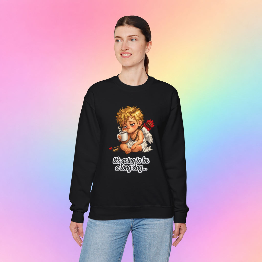 It’s Going to Be a Long Day Cupid Valentine’s Day Sweatshirt – Funny Coffee Angel Pullover