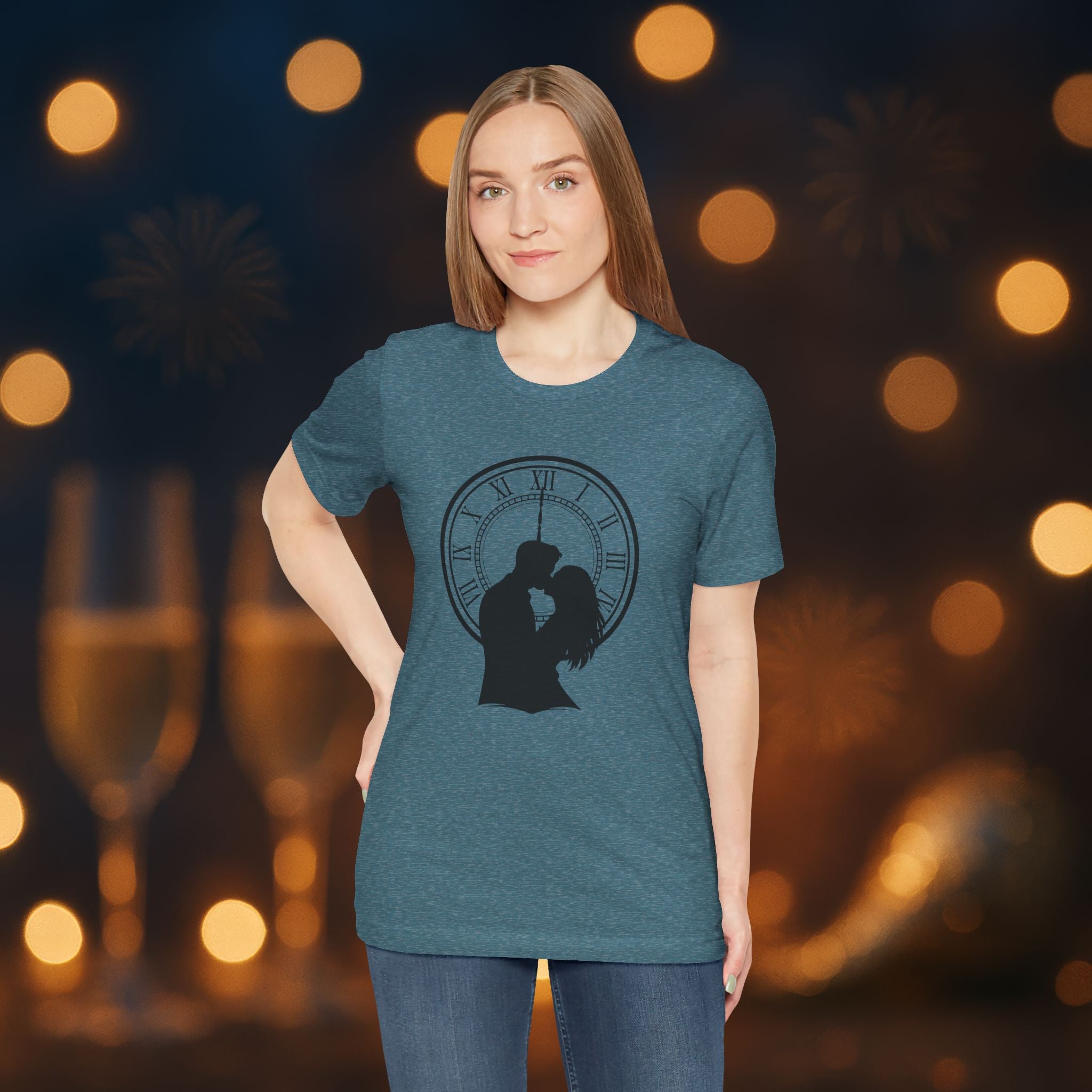 Midnight Kiss New Year’s Eve T-Shirt – Romantic Clock Silhouette Celebration Tee