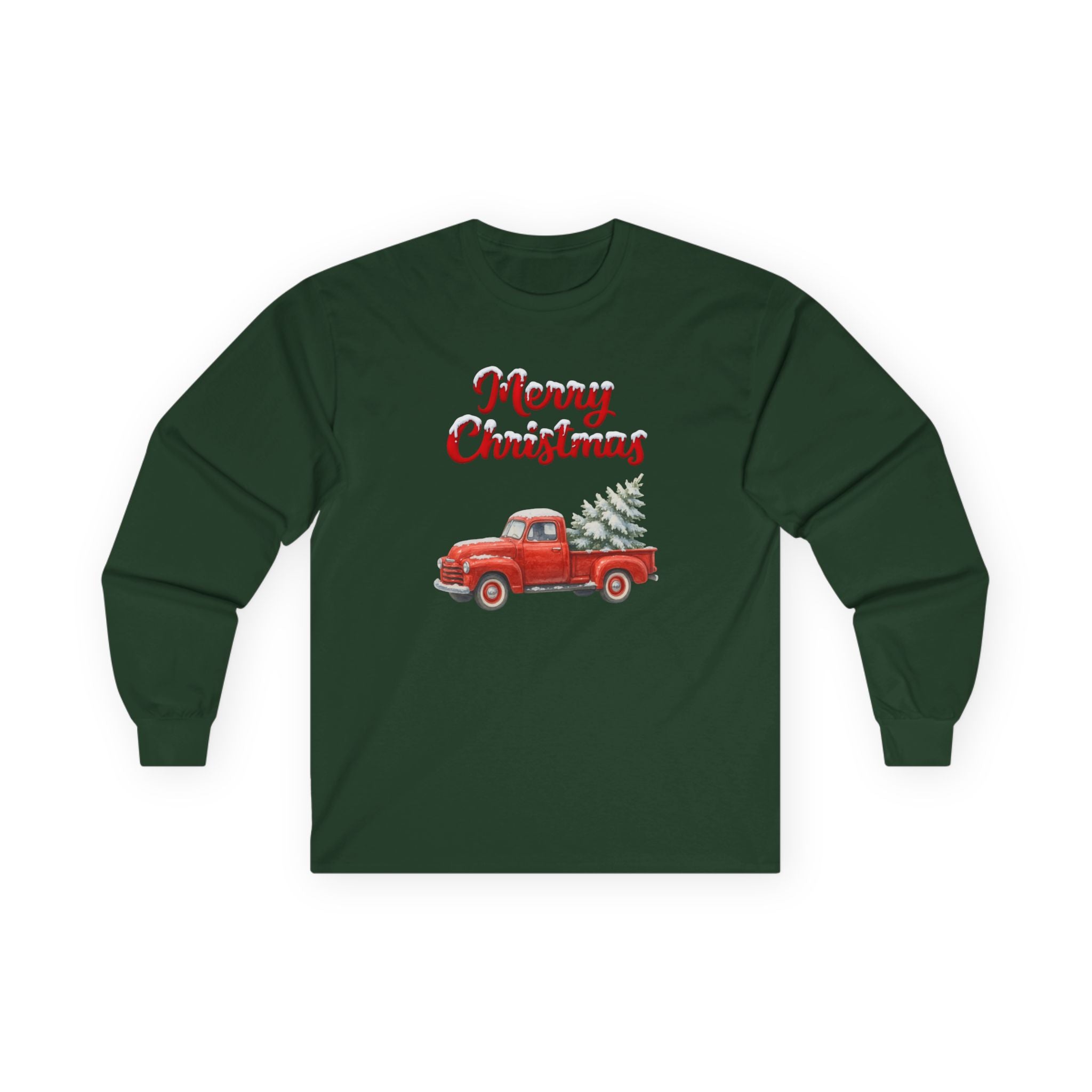 Merry Christmas Red Vintage Truck Long Sleeve T-Shirt – Classic Holiday Graphic Tee with Christmas Trees