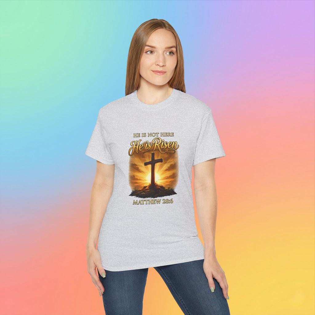 Christian Easter Shirt – He Is Risen Matthew 28:6 Cross Resurrection T-Shirt Faith-Based Easter Apparel