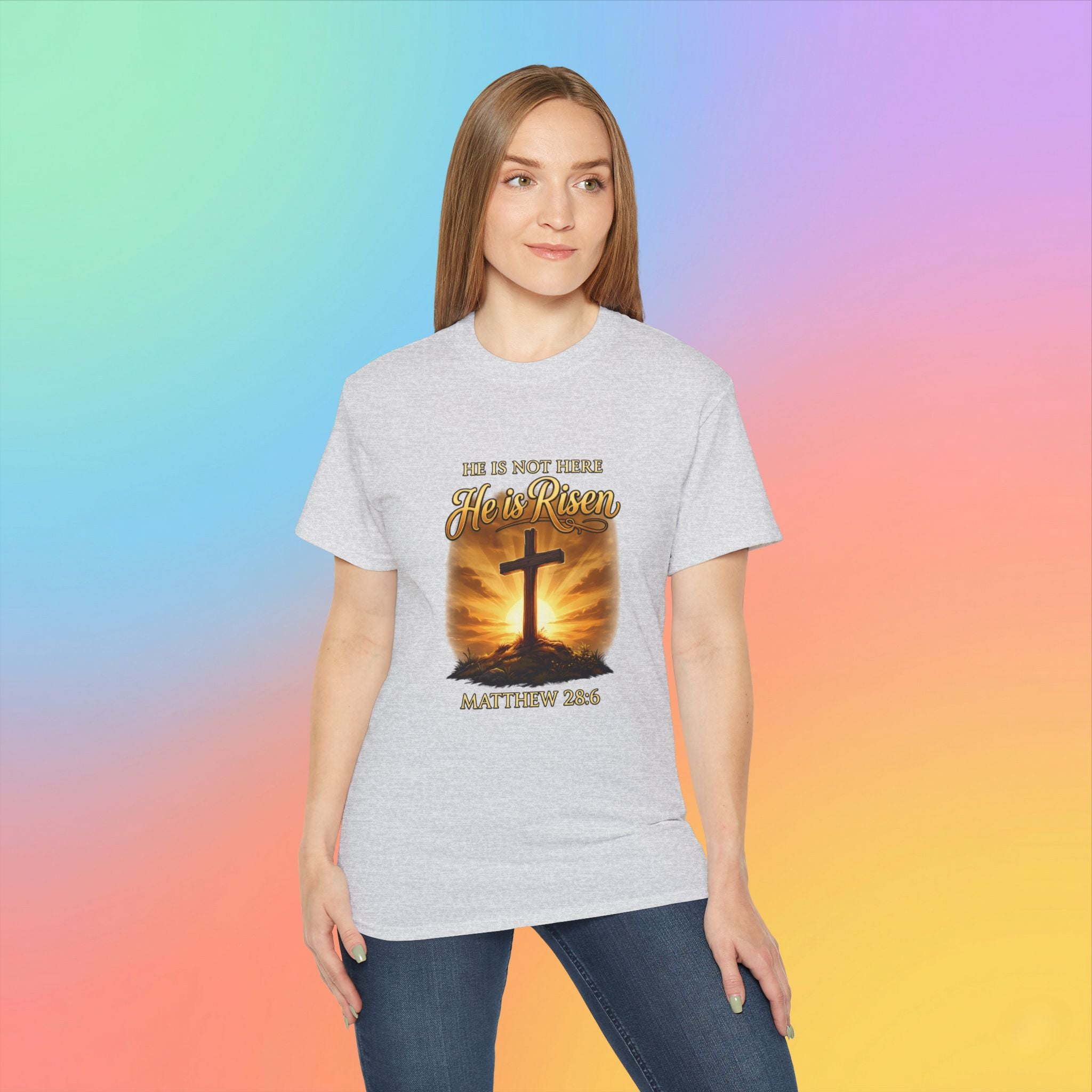 Christian Easter Shirt – He Is Risen Matthew 28:6 Cross Resurrection T-Shirt Faith-Based Easter Apparel