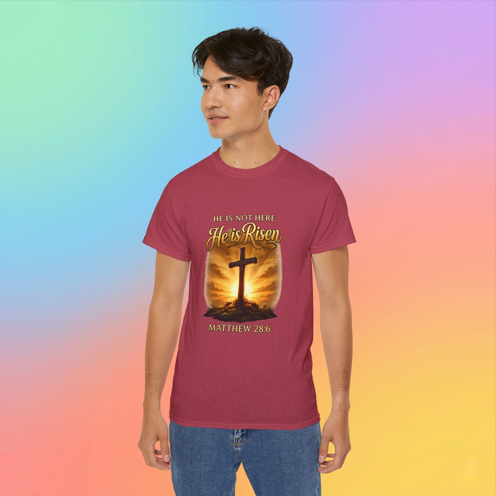 Christian Easter Shirt – He Is Risen Matthew 28:6 Cross Resurrection T-Shirt Faith-Based Easter Apparel