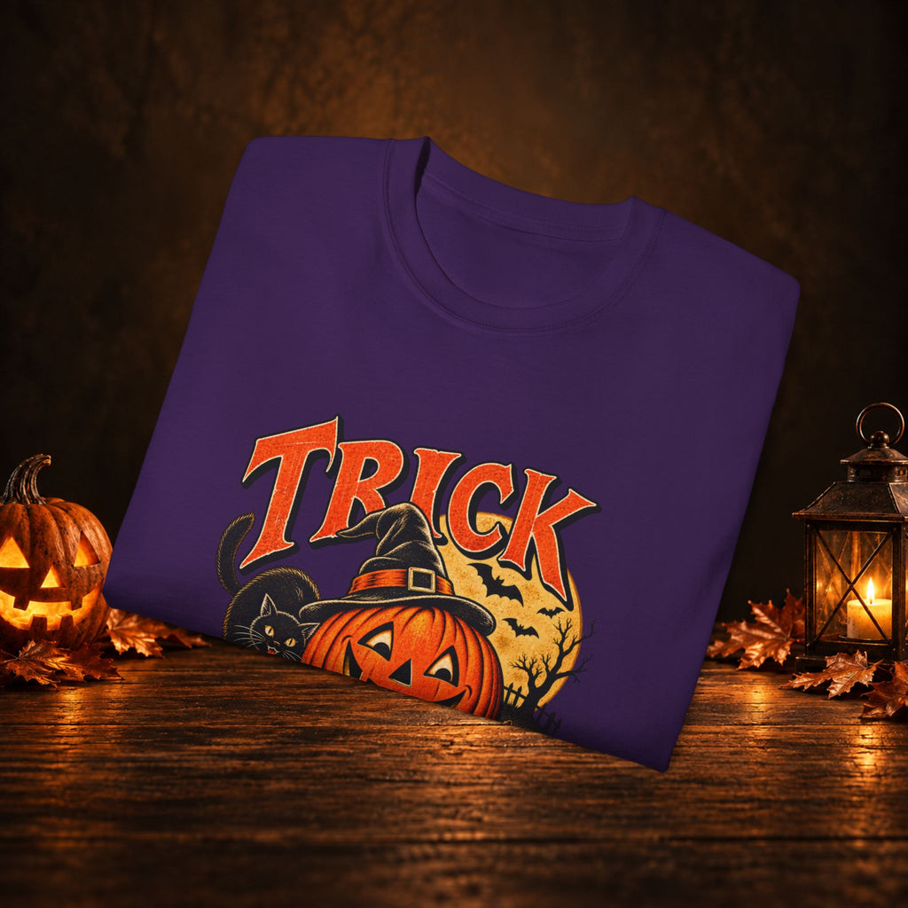 Trick or Treat Halloween T-Shirt – Pumpkin, Black Cat & Full Moon Tee