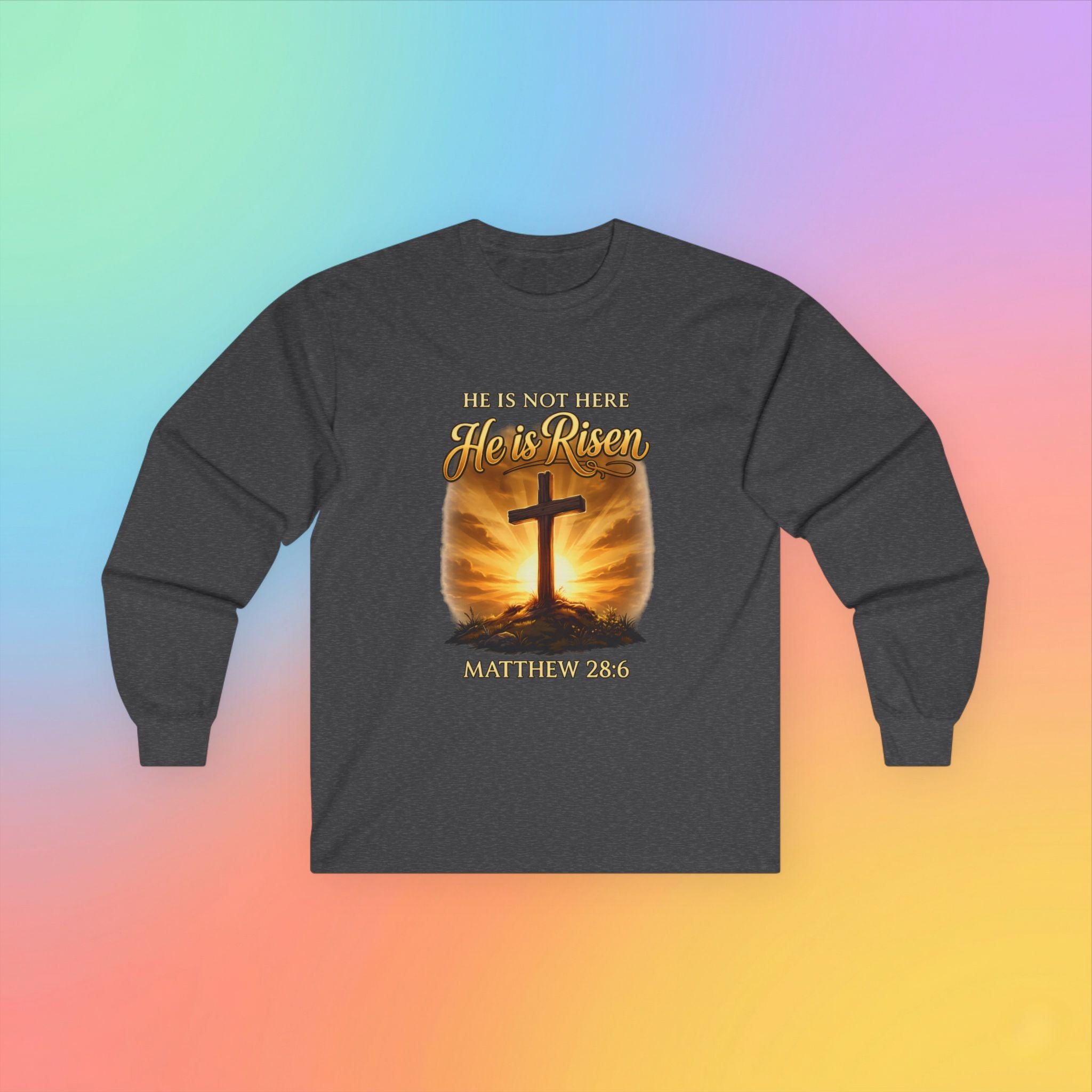 He Is Risen Long Sleeve Tee – Matthew 28:6 Christian Easter Shirt Religious Cross Resurrection Spring Faith Apparel