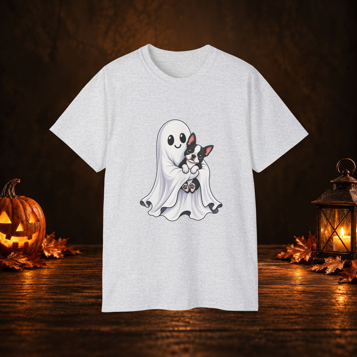 Cute Ghost & Boston Terrier Halloween T‑Shirt