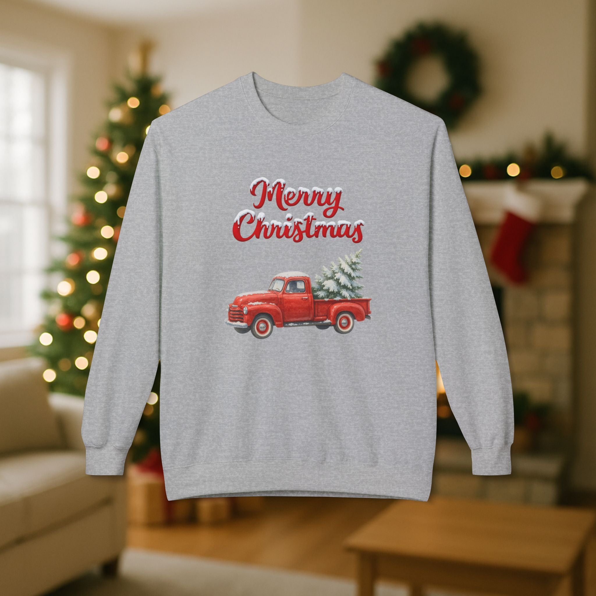 Merry Christmas Red Vintage Truck Sweatshirt – Cozy Holiday Crewneck with Christmas Tree Design