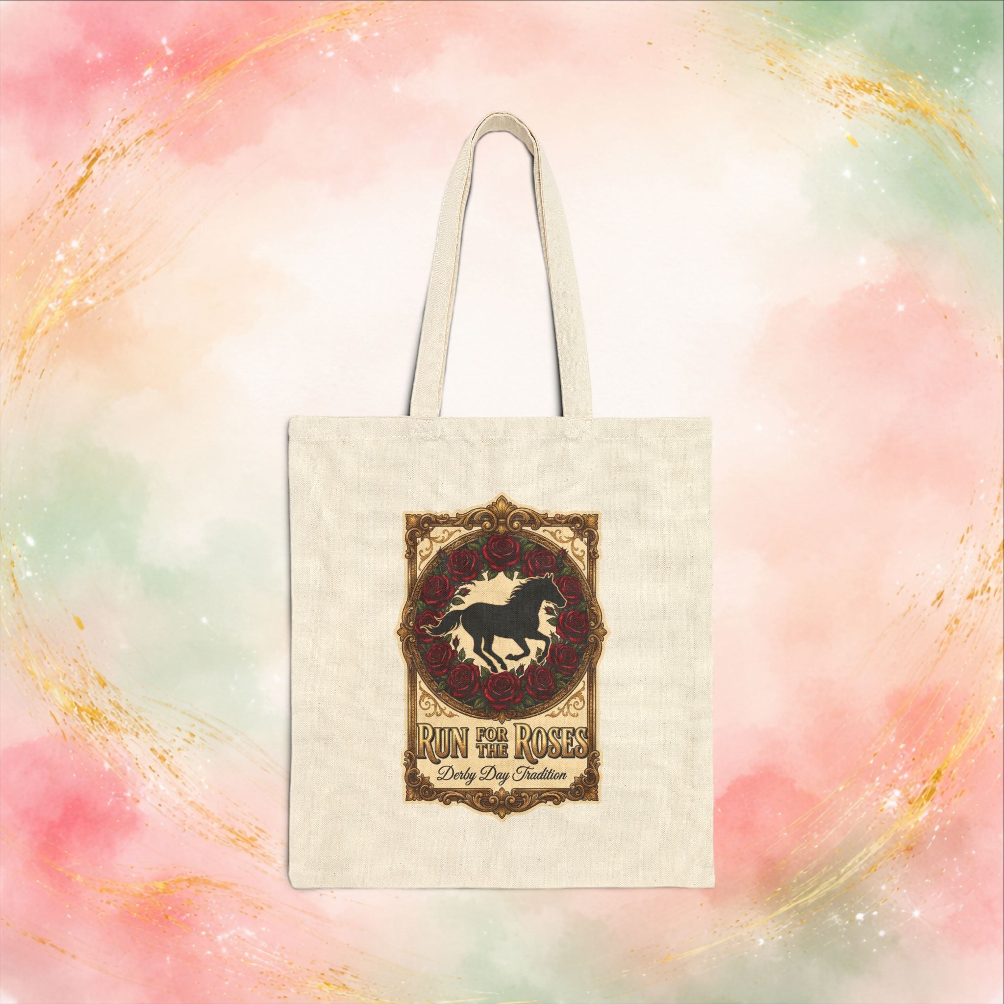 Run for the Roses Canvas Tote Bag, Derby Day Horse Tote, Vintage Floral Market Bag