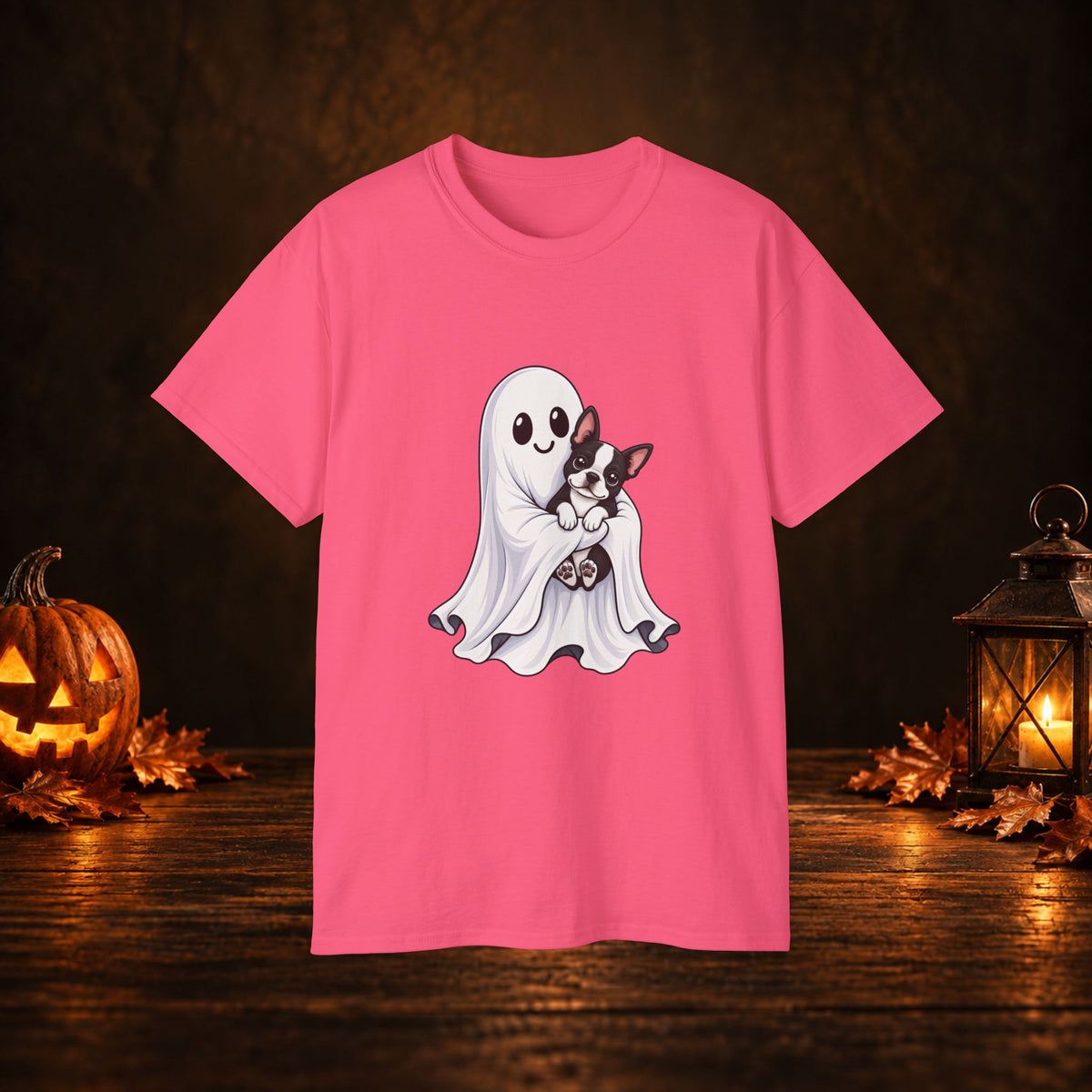 Cute Ghost & Boston Terrier Halloween T‑Shirt