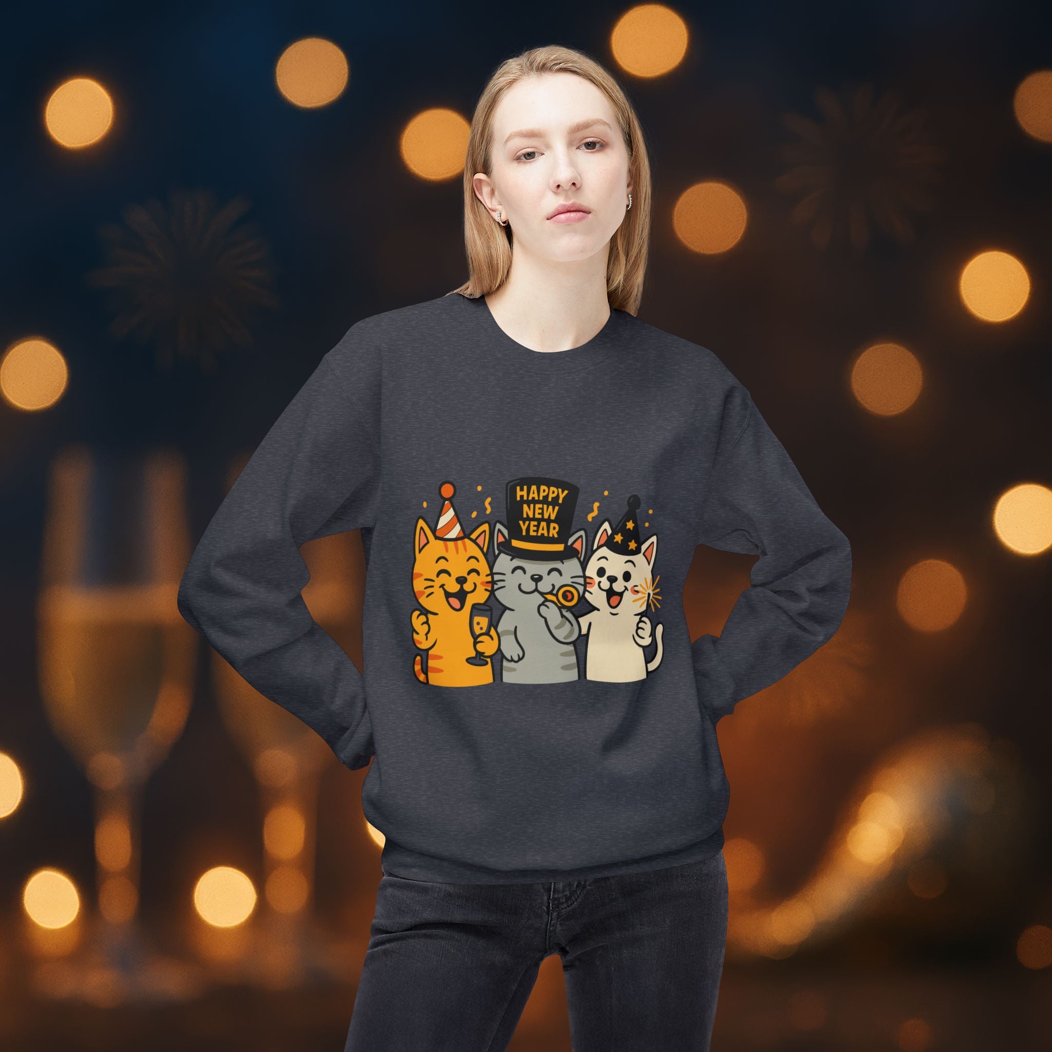 Happy New Year Cats Sweatshirt – Cute Party Cat Crewneck | New Year’s Eve Cat Lover Gift