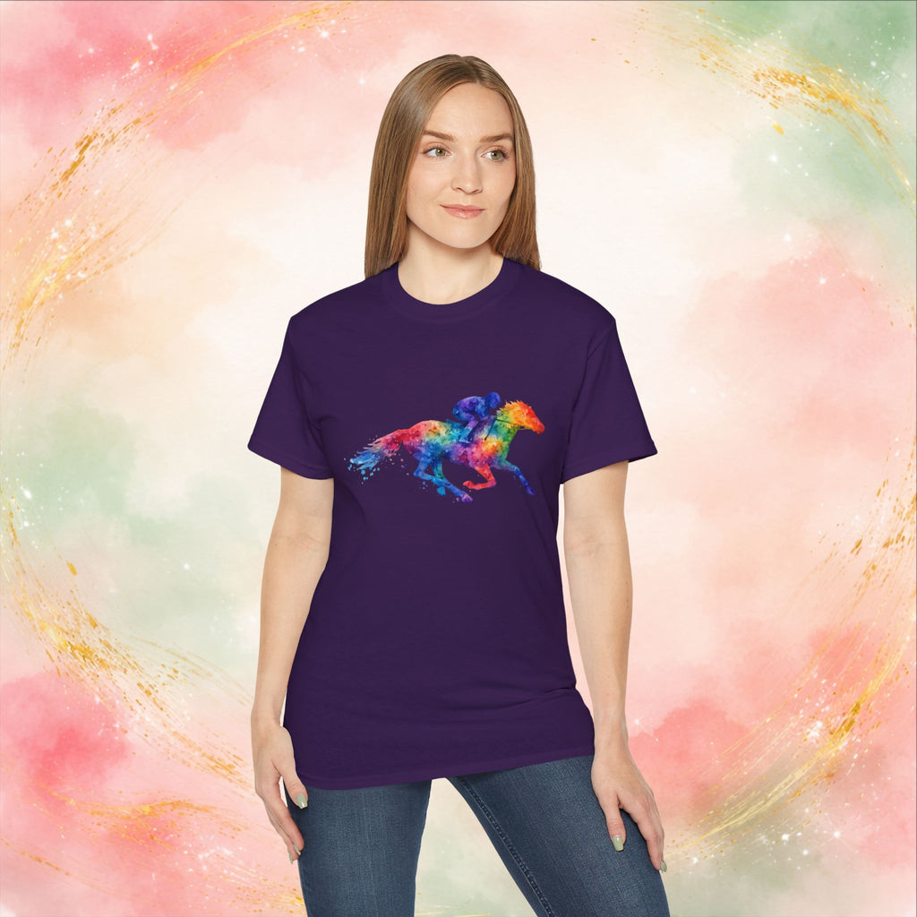 Kentucky Derby Watercolor Horse & Jockey T-Shirt | Colorful Race Day Graphic Tee