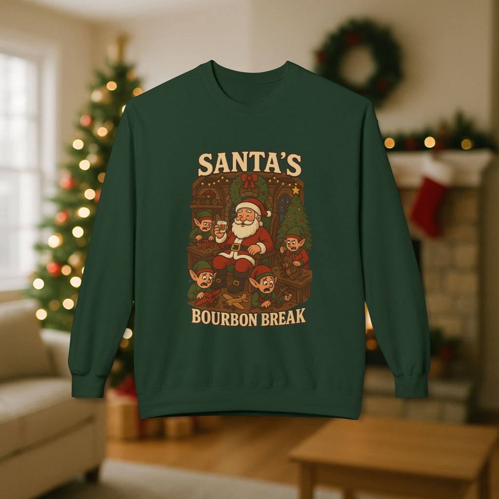 Santa’s Bourbon Break Christmas Sweatshirt – Funny Bourbon Lover Holiday Crewneck for Kentucky Bourbon Fans & Festive Christmas Gift
