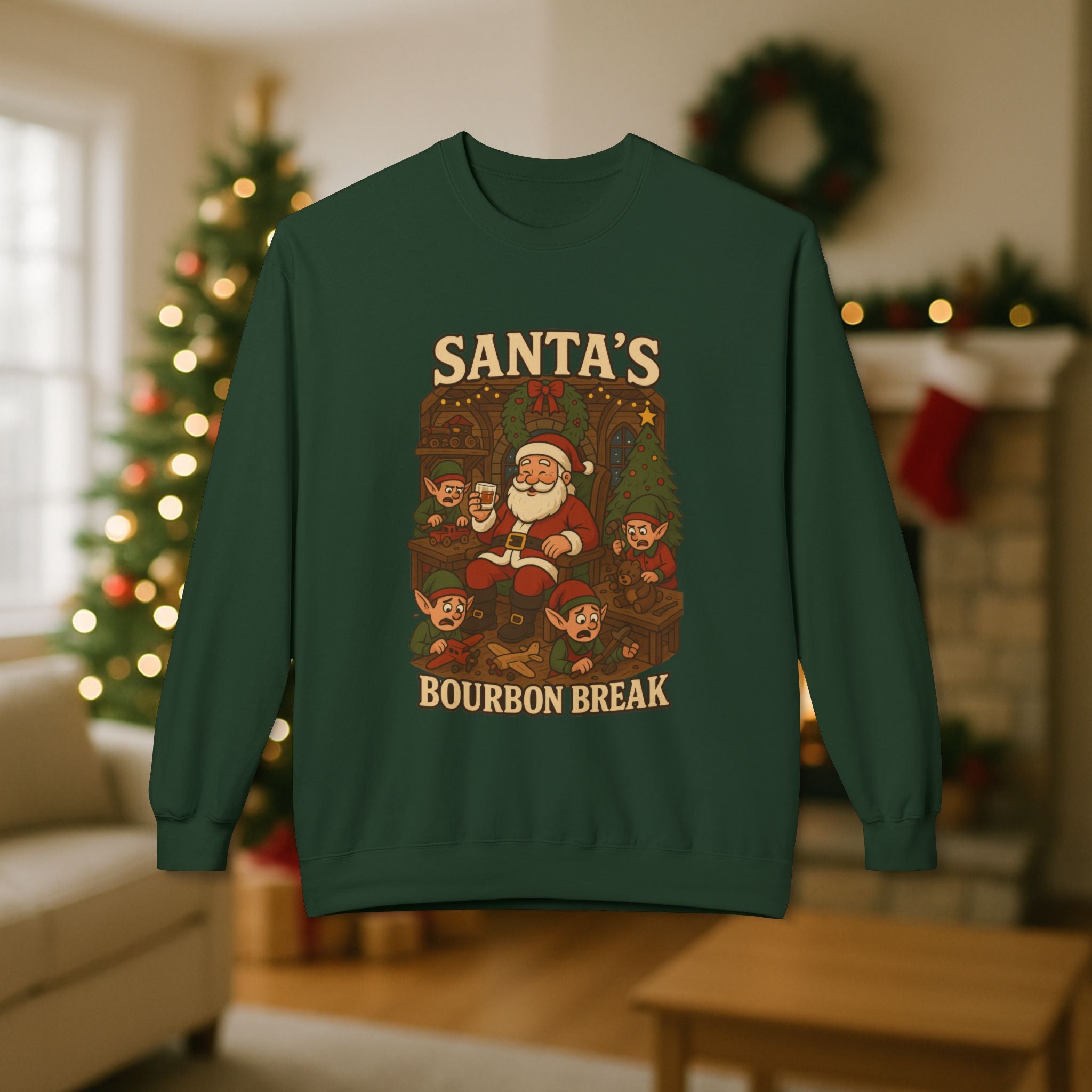 Santa’s Bourbon Break Christmas Sweatshirt – Funny Bourbon Lover Holiday Crewneck for Kentucky Bourbon Fans & Festive Christmas Gift