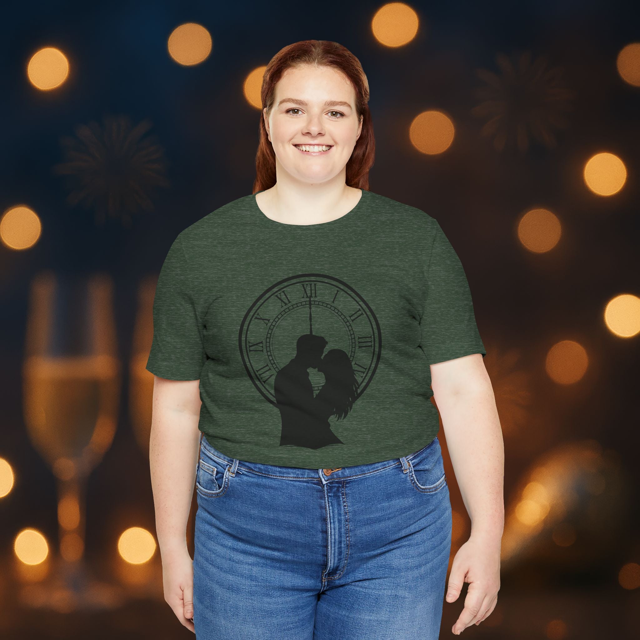 Midnight Kiss New Year’s Eve T-Shirt – Romantic Clock Silhouette Celebration Tee