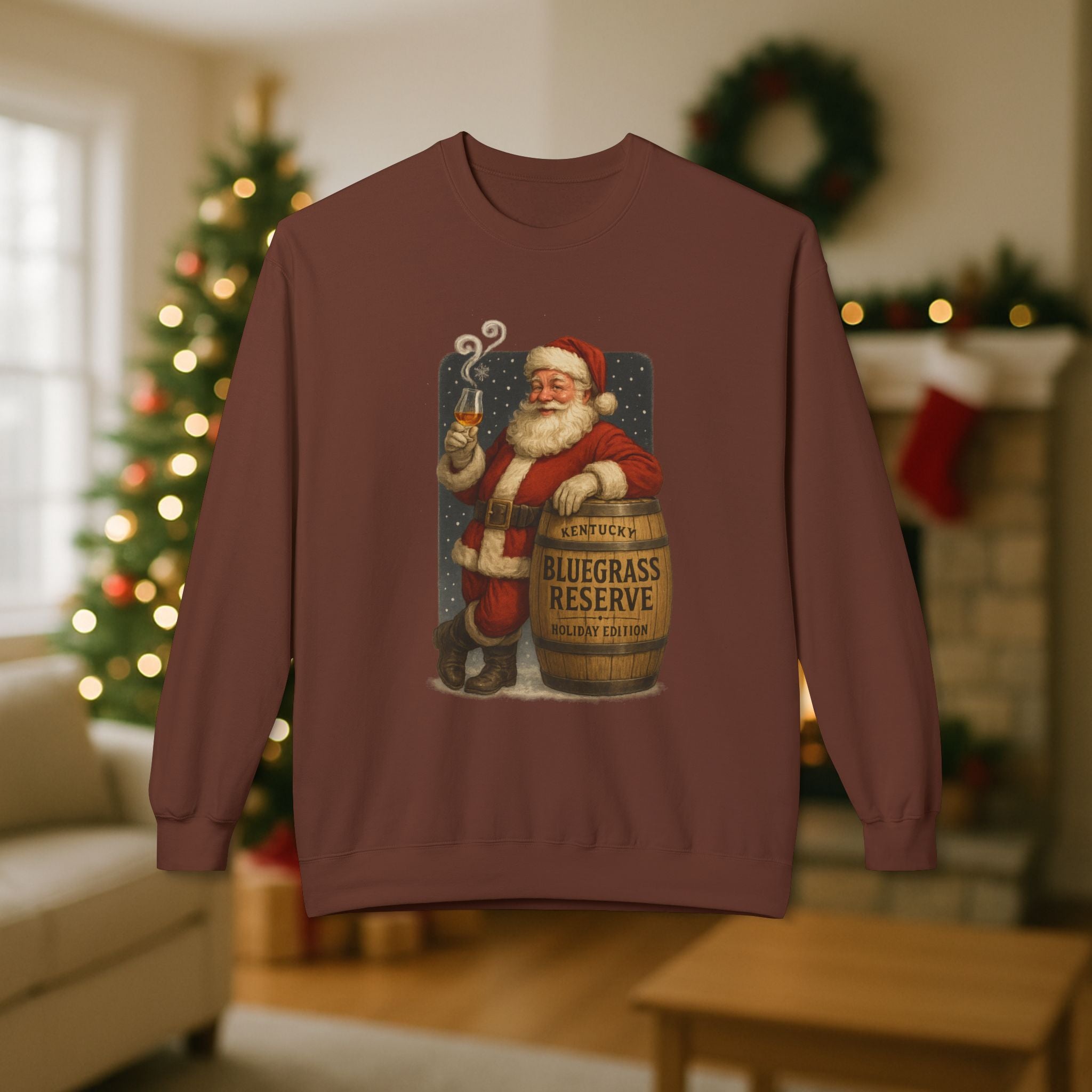Kentucky “Bluegrass Reserve” Santa Bourbon Christmas Sweatshirt – Vintage Holiday Distillery Graphic