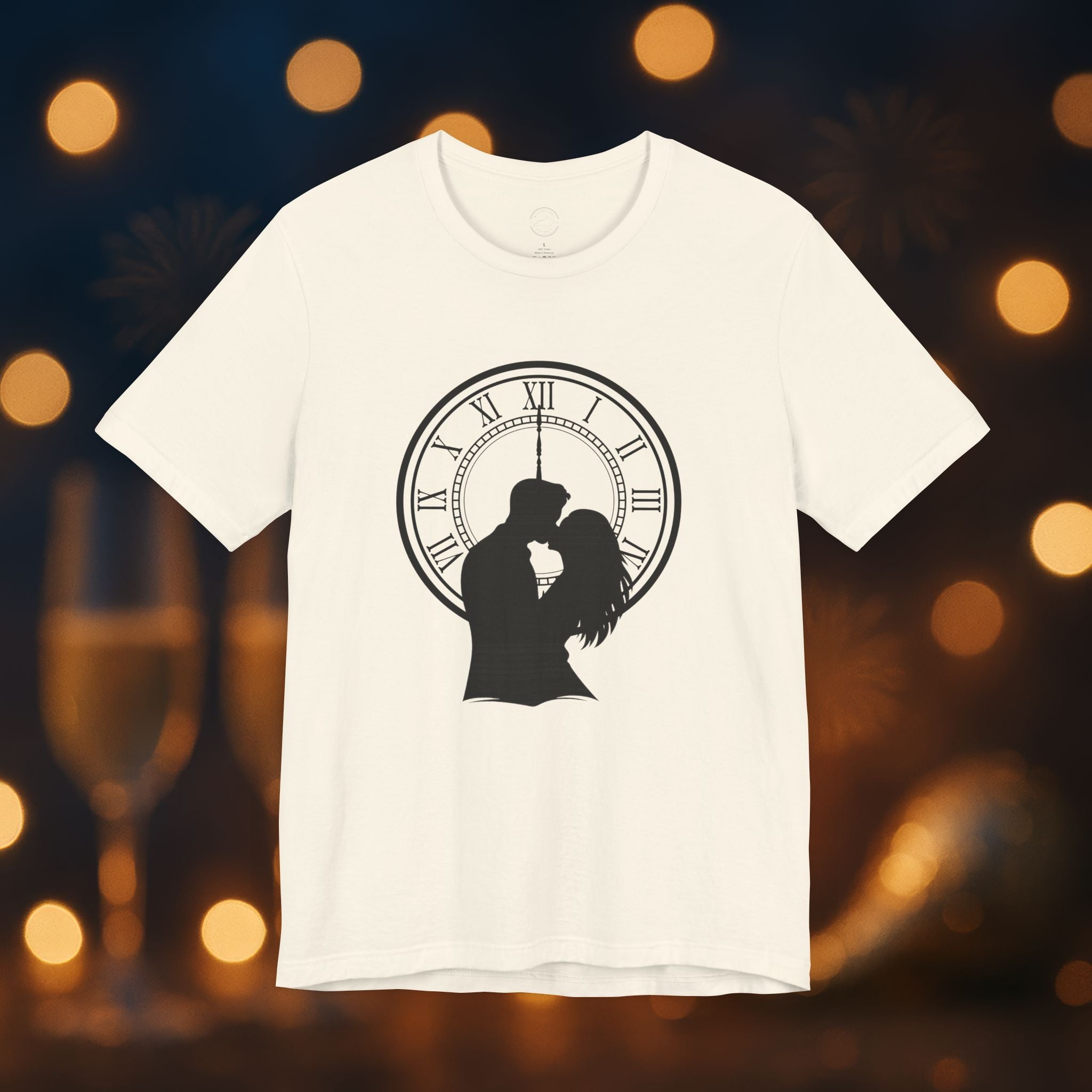Midnight Kiss New Year’s Eve T-Shirt – Romantic Clock Silhouette Celebration Tee