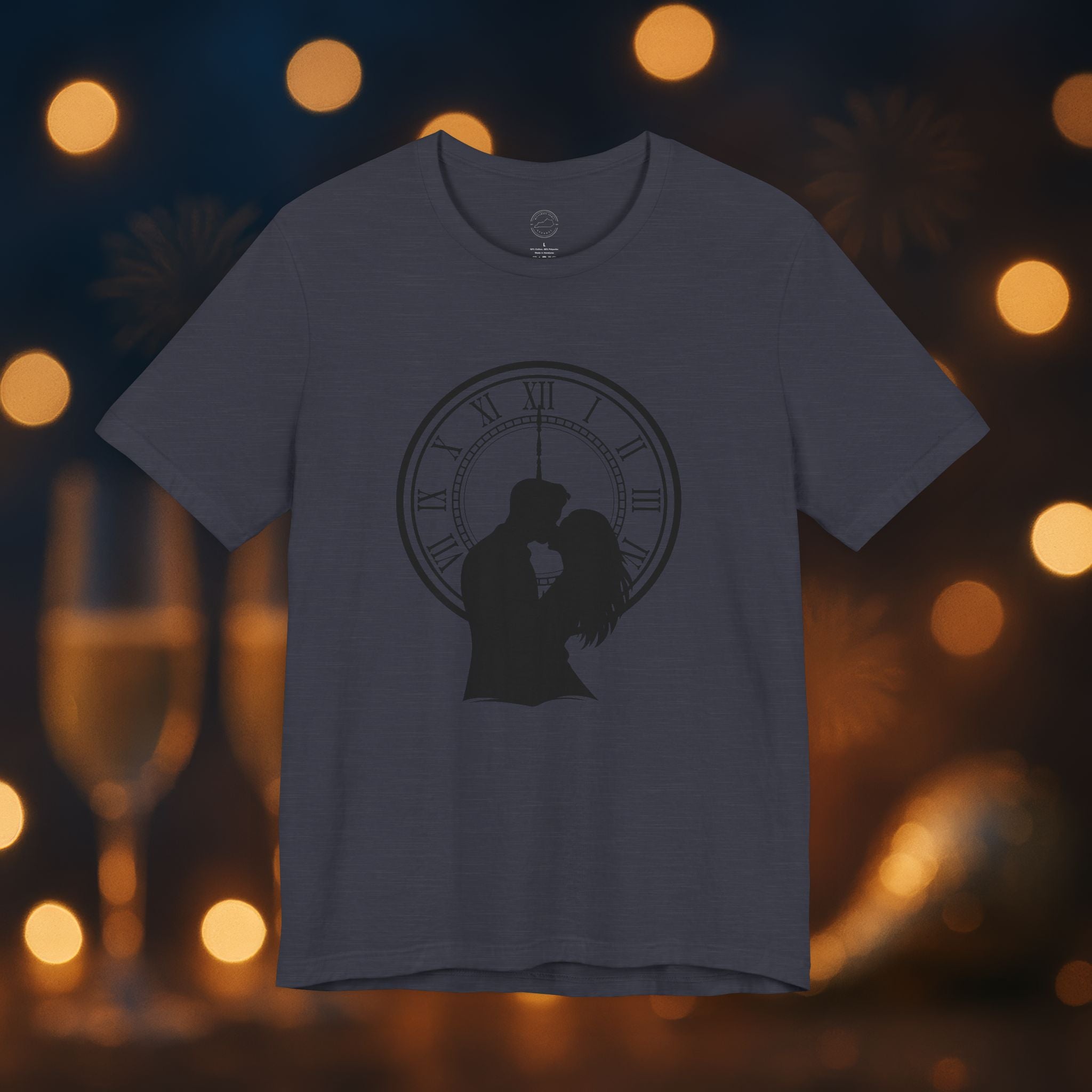 Midnight Kiss New Year’s Eve T-Shirt – Romantic Clock Silhouette Celebration Tee