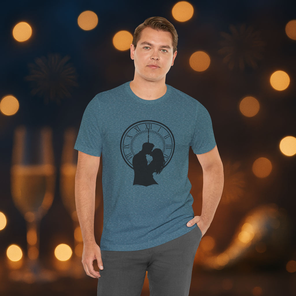 Midnight Kiss New Year’s Eve T-Shirt – Romantic Clock Silhouette Celebration Tee