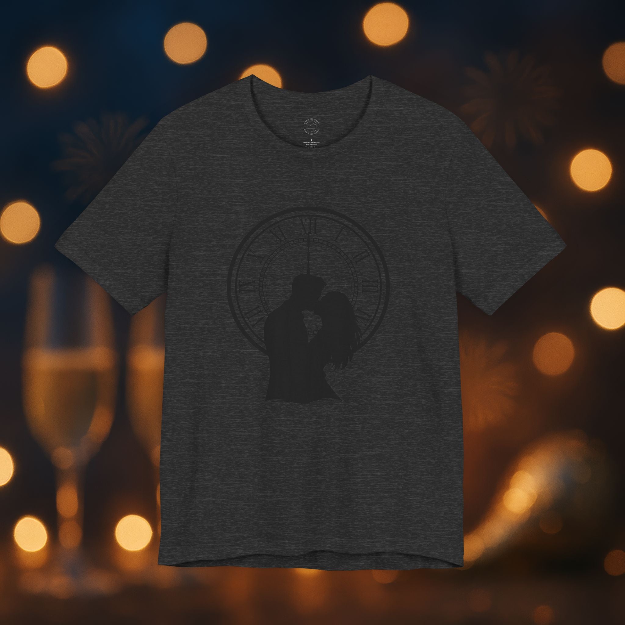 Midnight Kiss New Year’s Eve T-Shirt – Romantic Clock Silhouette Celebration Tee