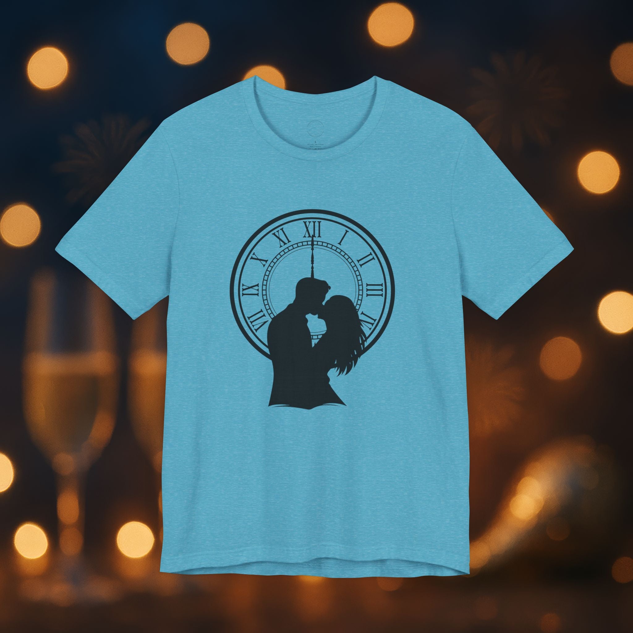 Midnight Kiss New Year’s Eve T-Shirt – Romantic Clock Silhouette Celebration Tee