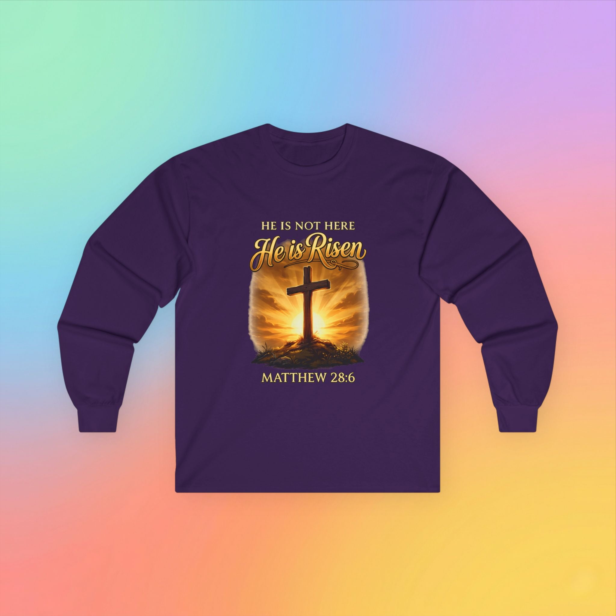 He Is Risen Long Sleeve Tee – Matthew 28:6 Christian Easter Shirt Religious Cross Resurrection Spring Faith Apparel