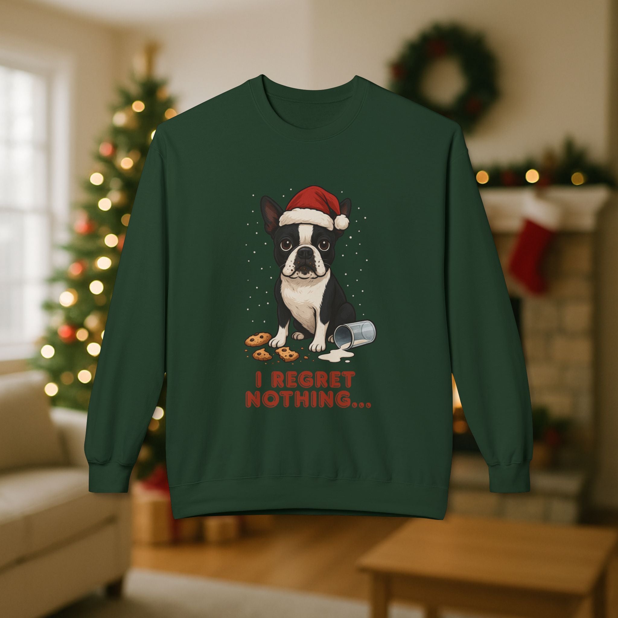 Boston Terrier “I Regret Nothing” Christmas Sweatshirt – Funny Holiday Dog Cookie Shirt