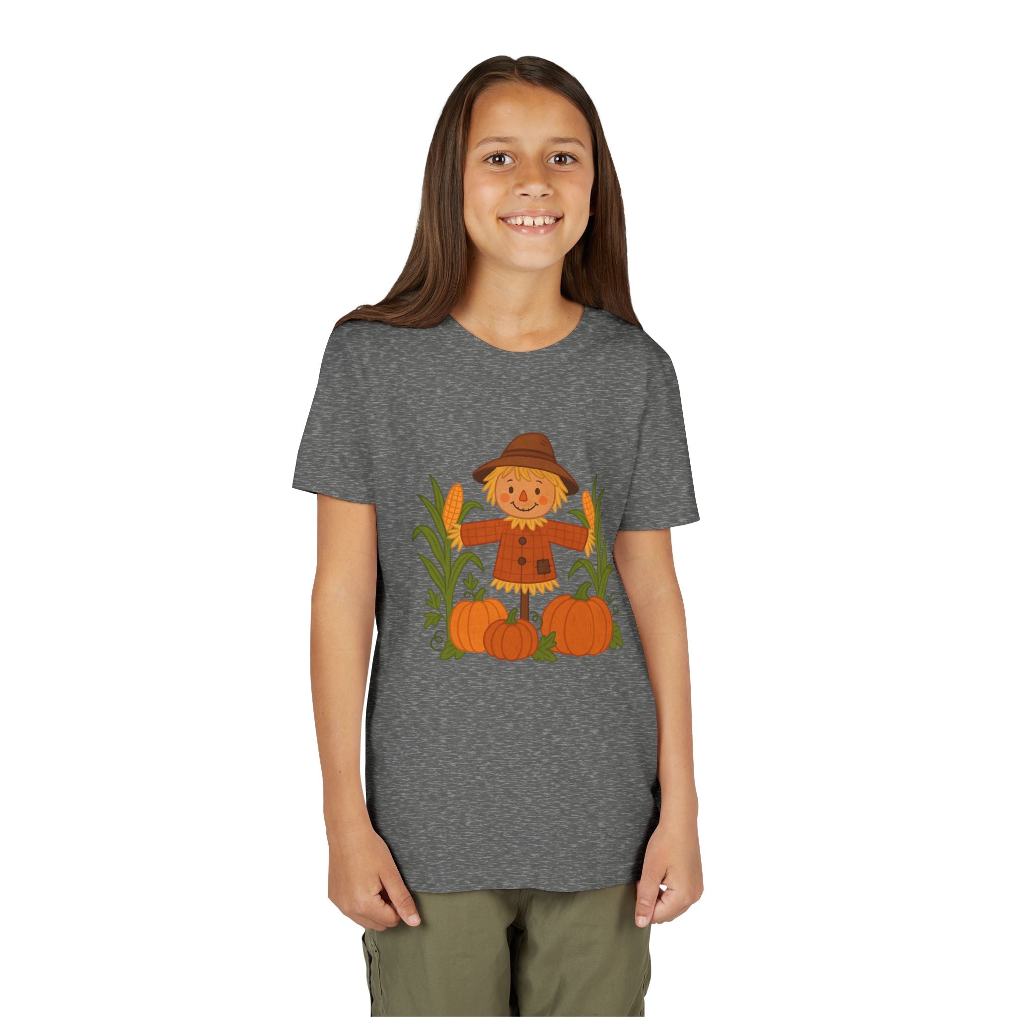 🍂 Cute Fall Scarecrow Kids T-Shirt – Autumn Pumpkins & Corn Patch Design