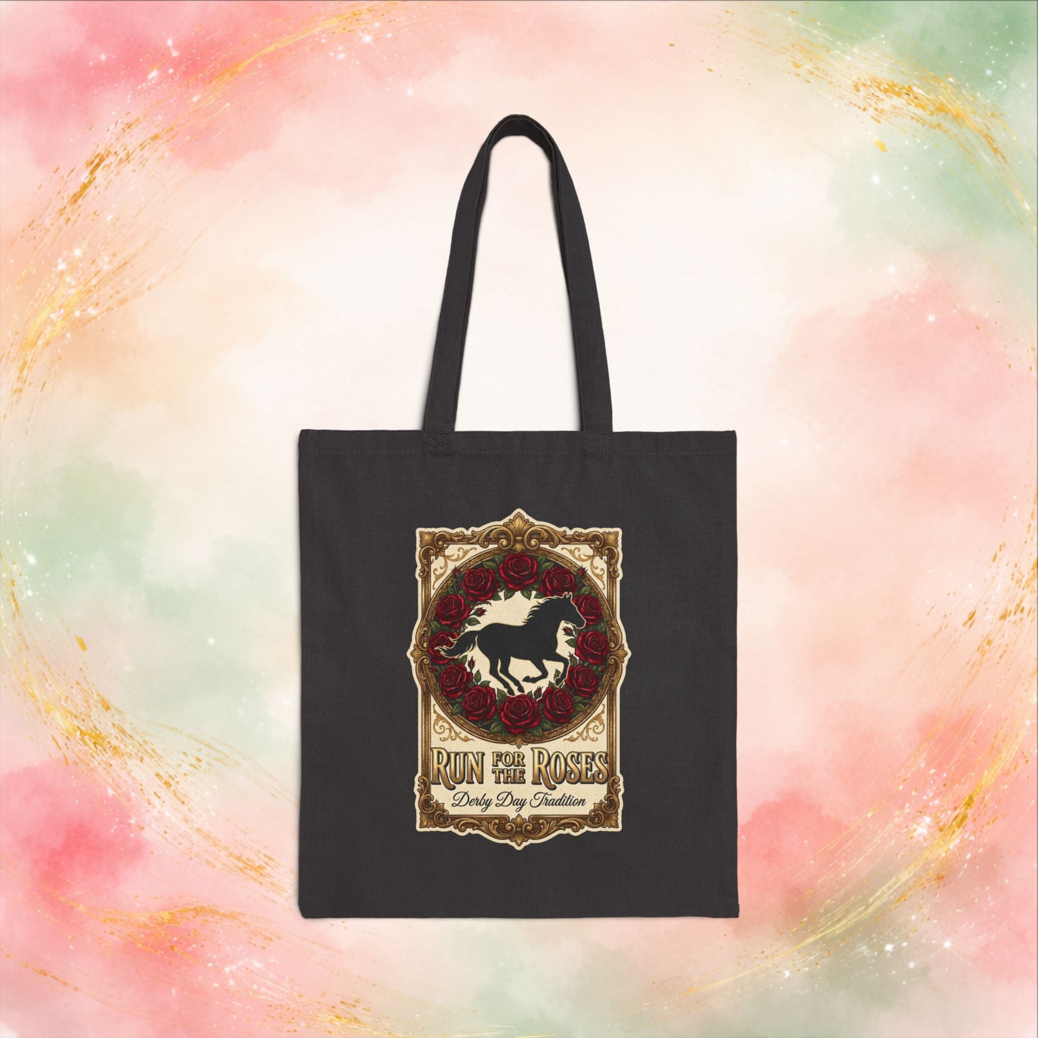 Run for the Roses Canvas Tote Bag, Derby Day Horse Tote, Vintage Floral Market Bag