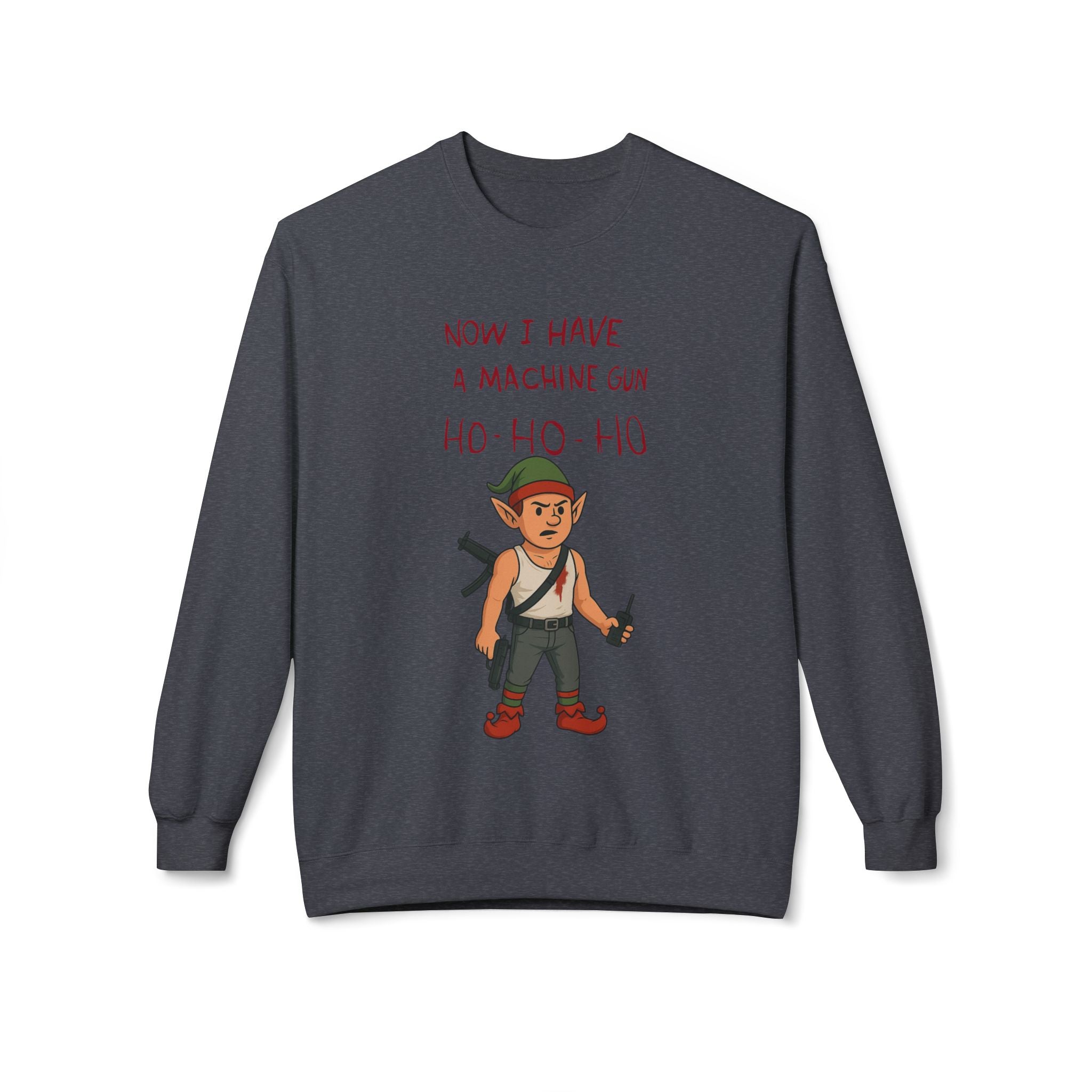 "Ho Ho Ho Machine Gun Elf Christmas Sweatshirt – Funny Die Hard Inspired Holiday Design"