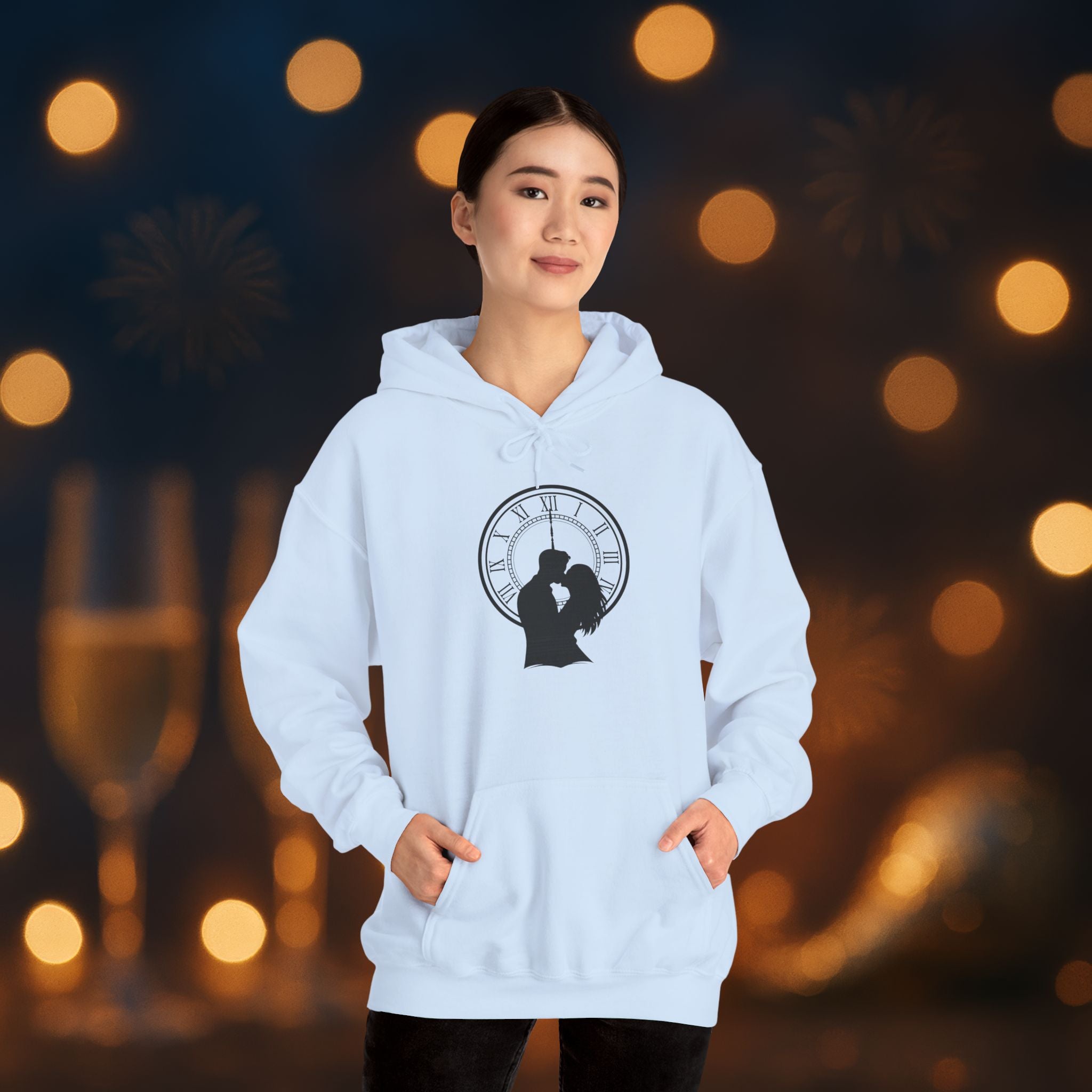 Midnight Kiss New Year’s Eve Hoodie – Romantic Clock Silhouette Pullover