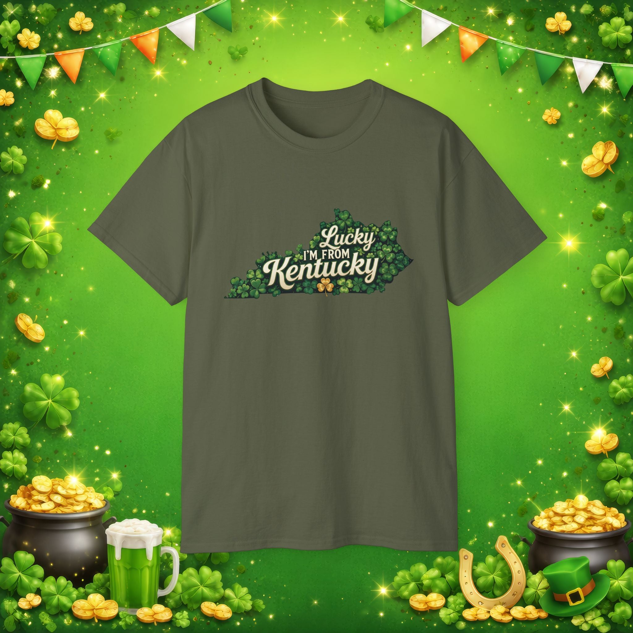 Lucky I’m From Kentucky T-Shirt – St. Patrick’s Day Shamrock Kentucky Shirt – Irish Bluegrass Pride Graphic Tee