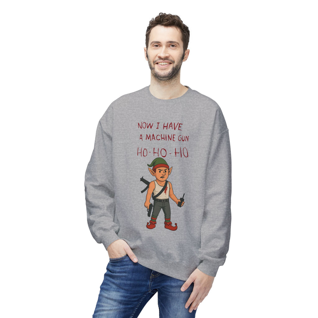 "Ho Ho Ho Machine Gun Elf Christmas Sweatshirt – Funny Die Hard Inspired Holiday Design"