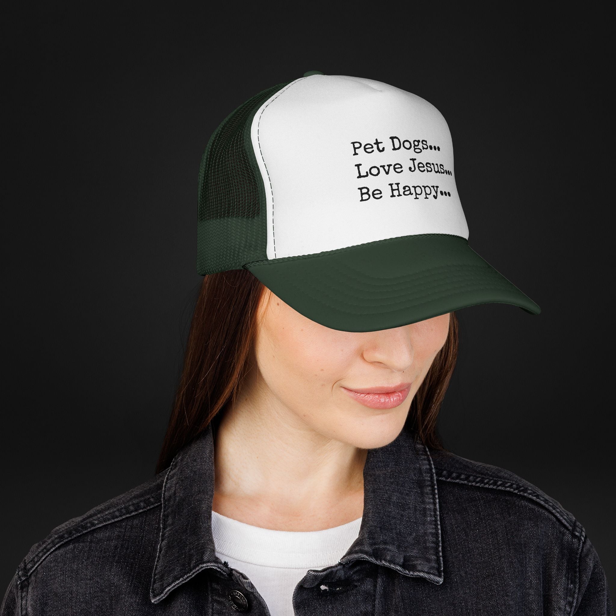 Pet Dogs Love Jesus Be Happy Trucker Hat – Christian Dog Lover Faith Hat