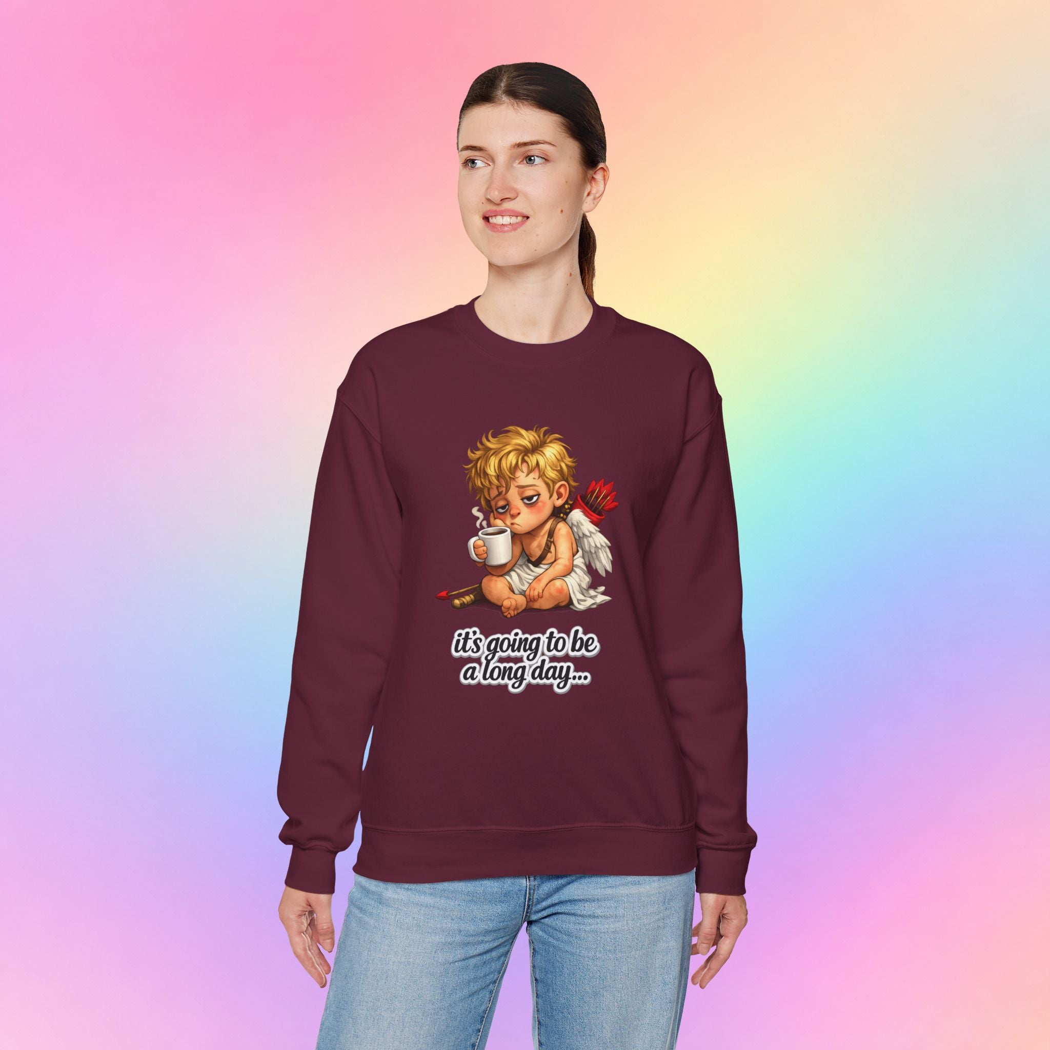 It’s Going to Be a Long Day Cupid Valentine’s Day Sweatshirt – Funny Coffee Angel Pullover