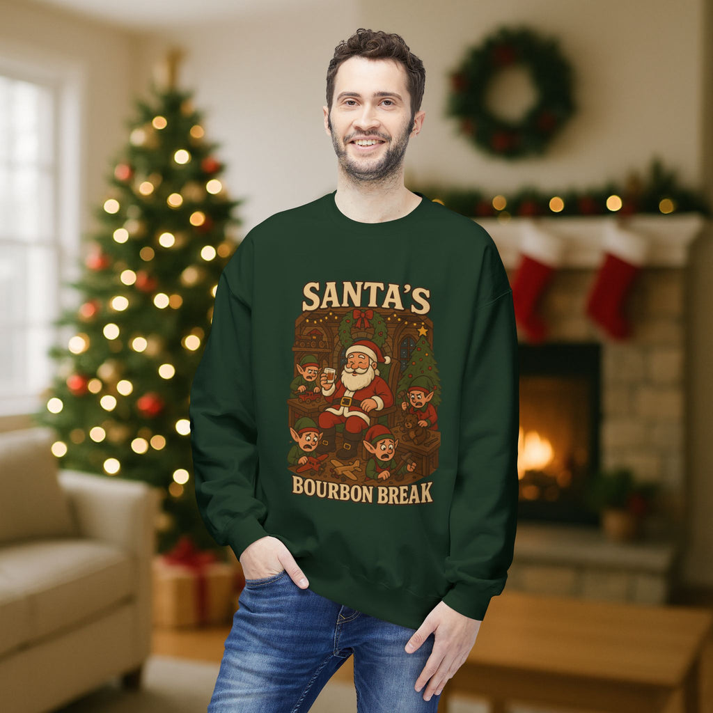 Santa’s Bourbon Break Christmas Sweatshirt – Funny Bourbon Lover Holiday Crewneck for Kentucky Bourbon Fans & Festive Christmas Gift