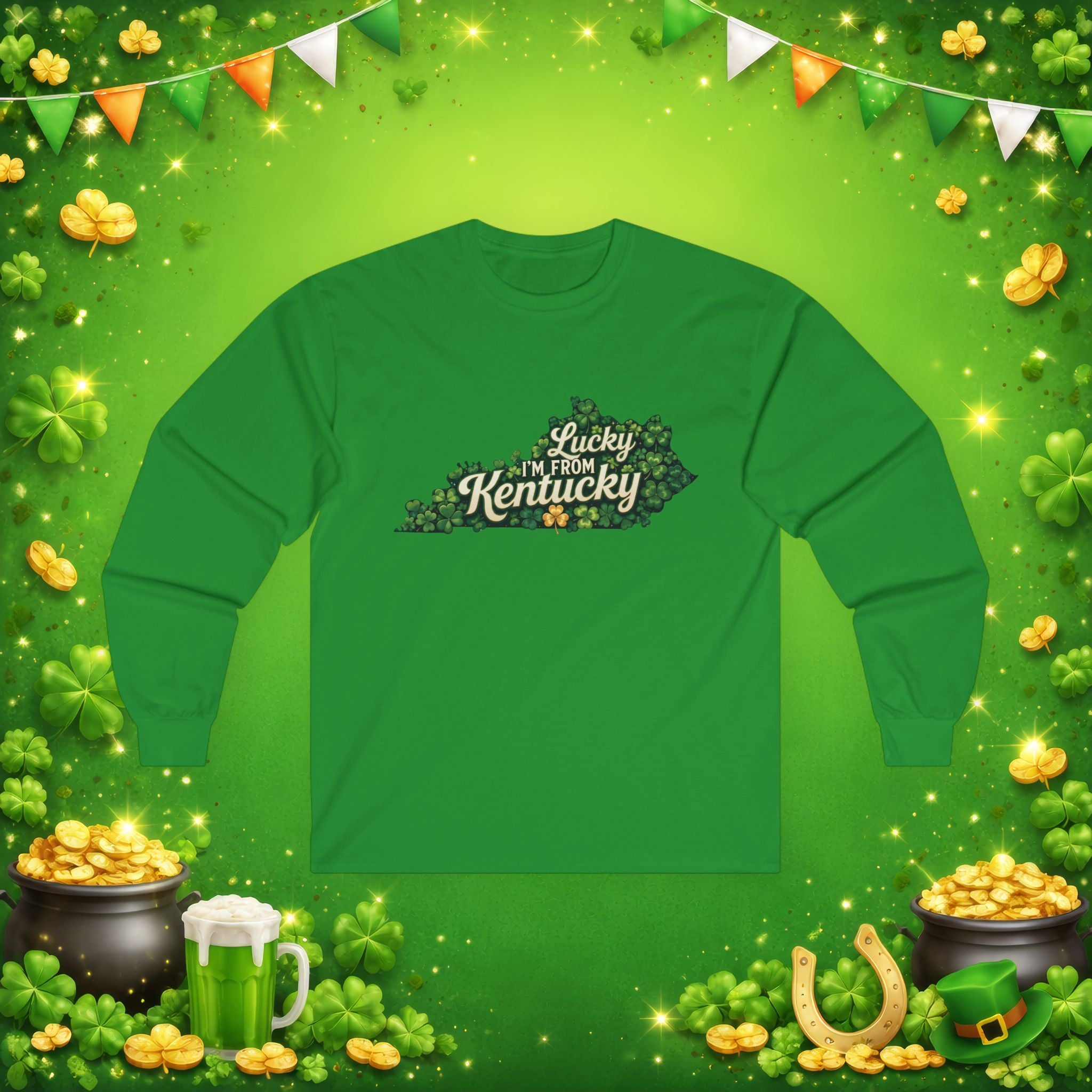 Lucky I’m From Kentucky Long Sleeve Shirt – St. Patrick’s Day Shamrock Kentucky Outline Tee – Irish Bluegrass Pride