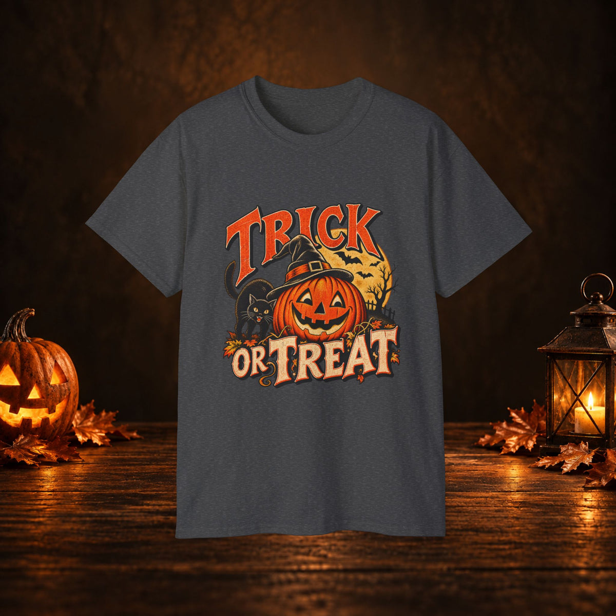 Trick or Treat Halloween T-Shirt – Pumpkin, Black Cat & Full Moon Tee
