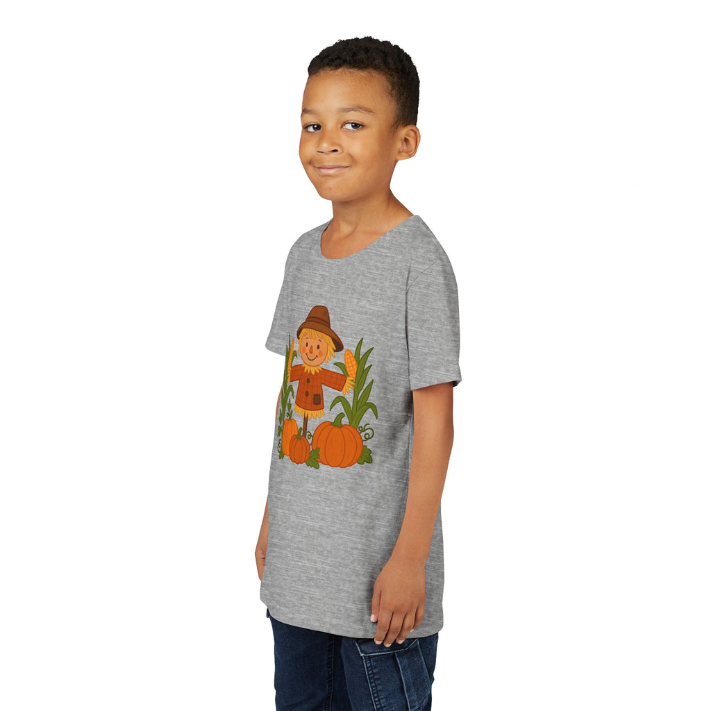 🍂 Cute Fall Scarecrow Kids T-Shirt – Autumn Pumpkins & Corn Patch Design