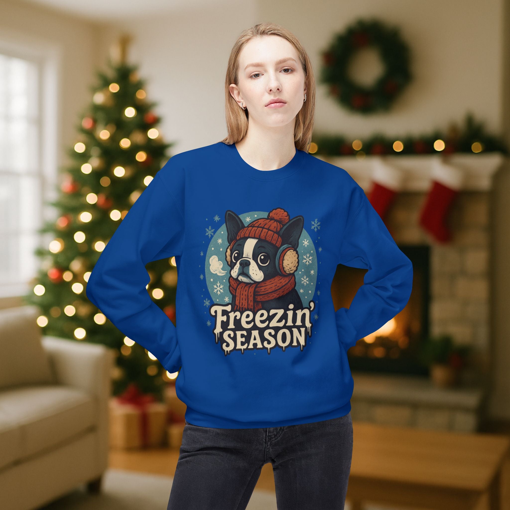 Winter “Freezin’ Season” Boston Terrier Sweatshirt – Cozy Holiday Dog Lover Pullover