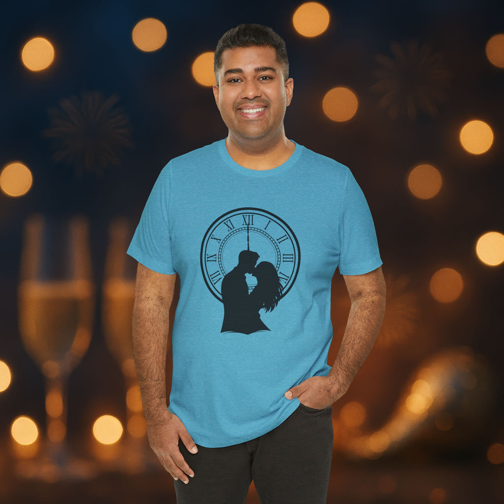 Midnight Kiss New Year’s Eve T-Shirt – Romantic Clock Silhouette Celebration Tee
