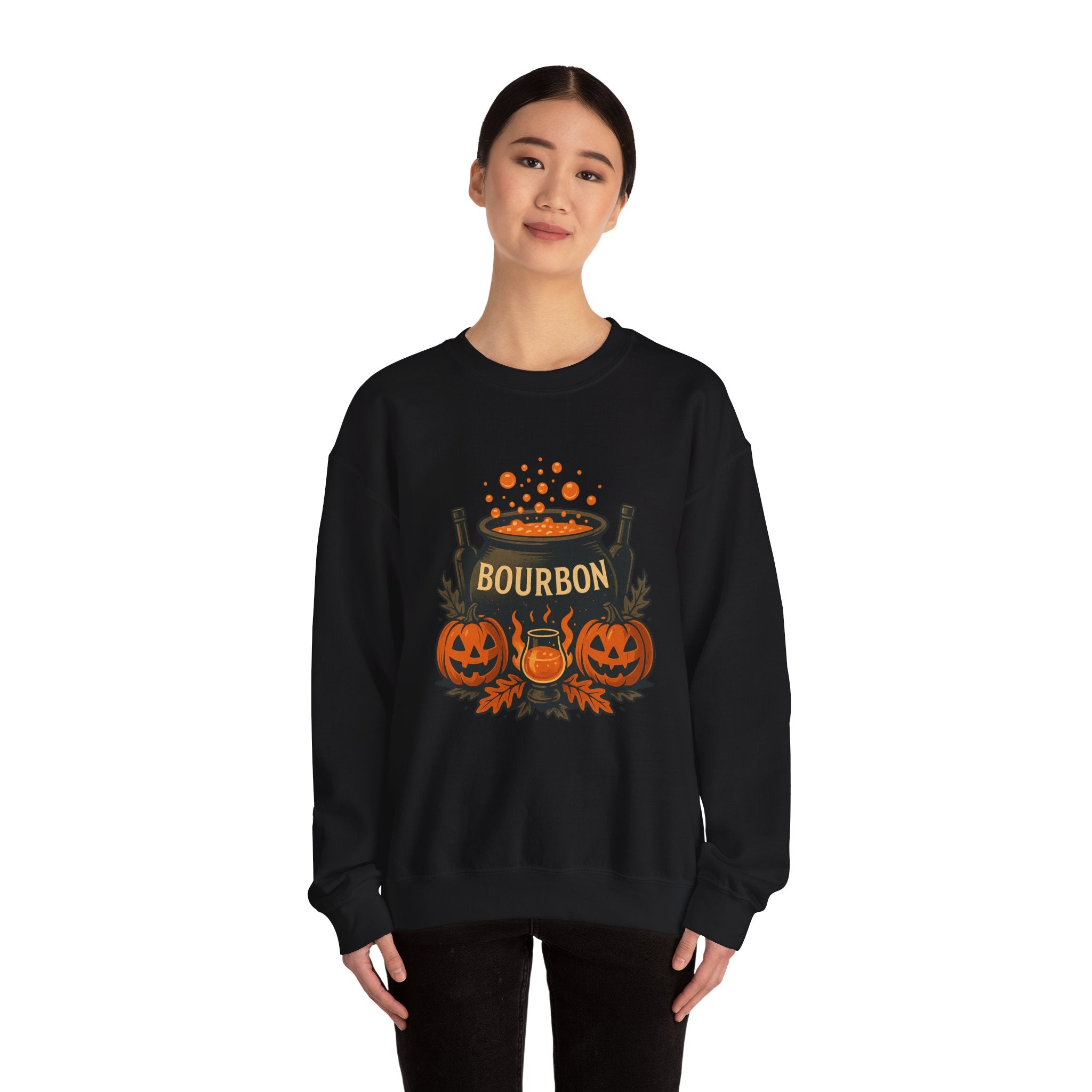 Halloween Bourbon Cauldron Sweatshirt – Spooky Pumpkin & Whiskey Glass Design