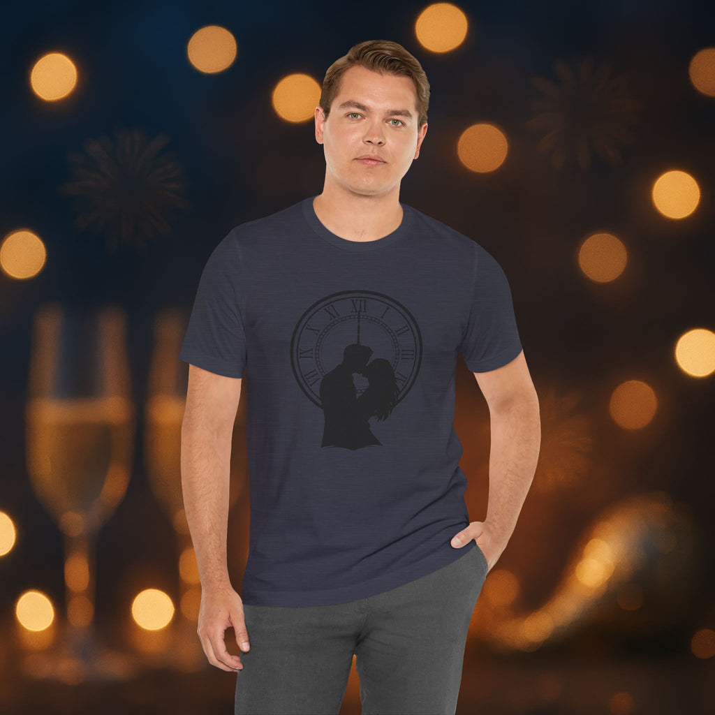 Midnight Kiss New Year’s Eve T-Shirt – Romantic Clock Silhouette Celebration Tee