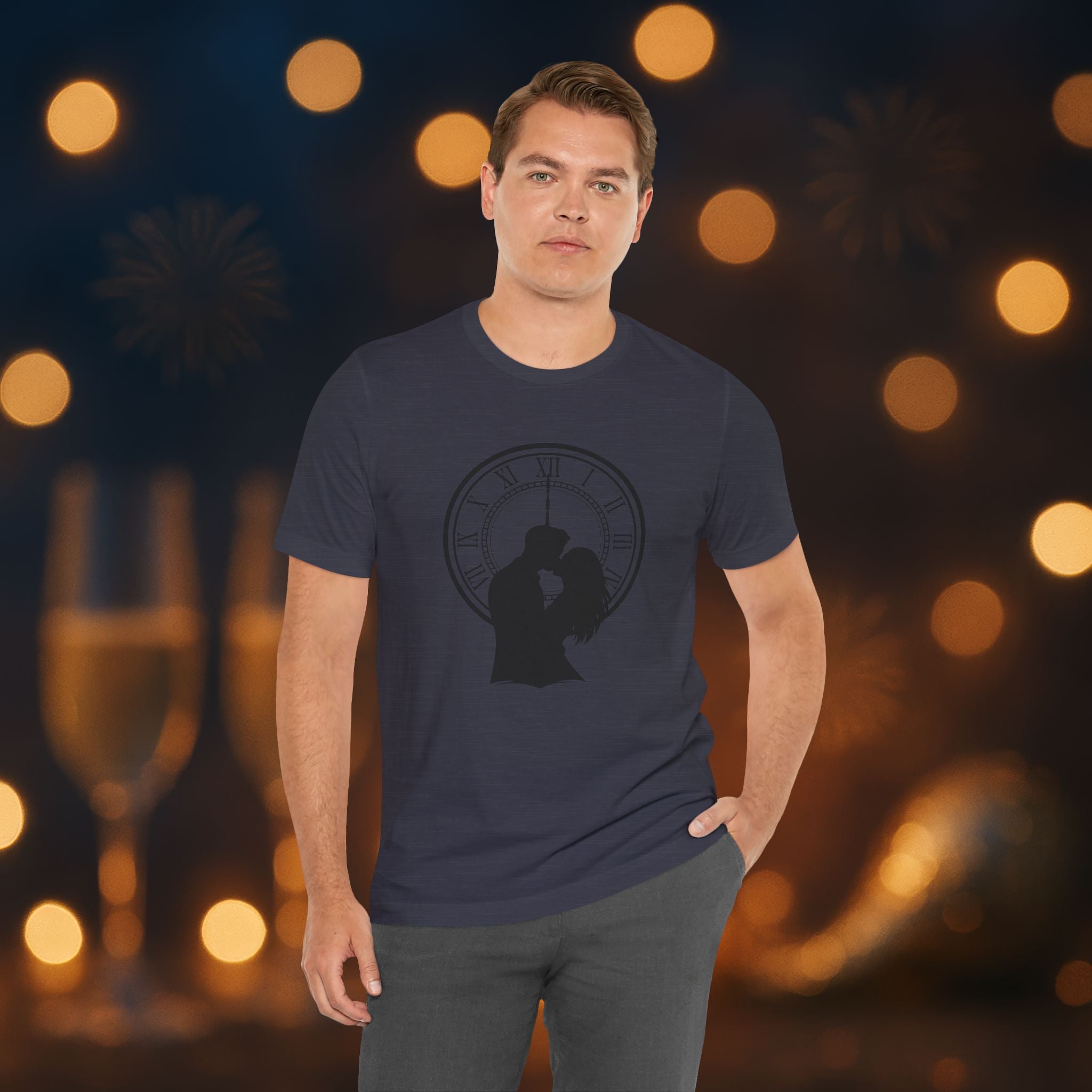 Midnight Kiss New Year’s Eve T-Shirt – Romantic Clock Silhouette Celebration Tee
