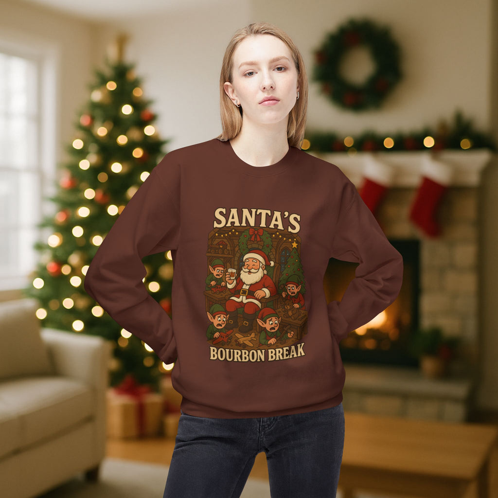 Santa’s Bourbon Break Christmas Sweatshirt – Funny Bourbon Lover Holiday Crewneck for Kentucky Bourbon Fans & Festive Christmas Gift