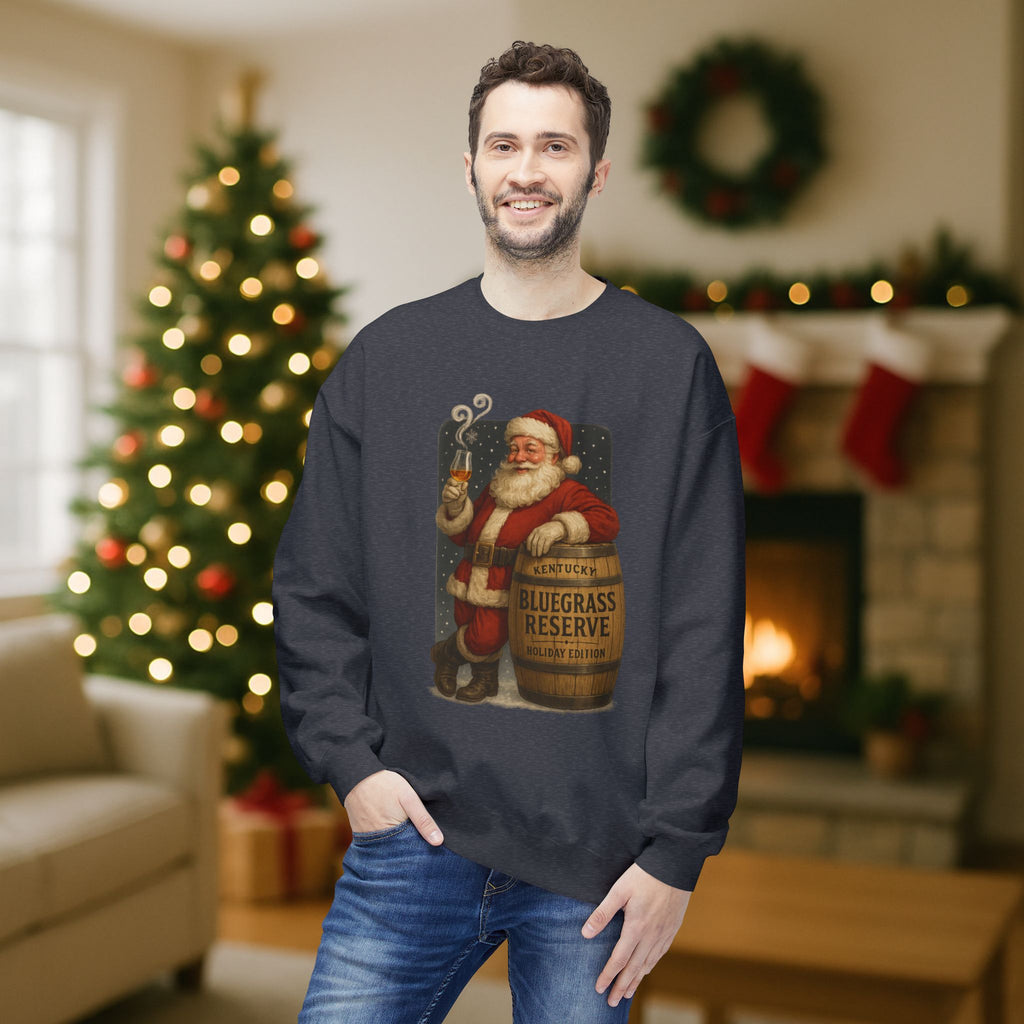 Kentucky “Bluegrass Reserve” Santa Bourbon Christmas Sweatshirt – Vintage Holiday Distillery Graphic