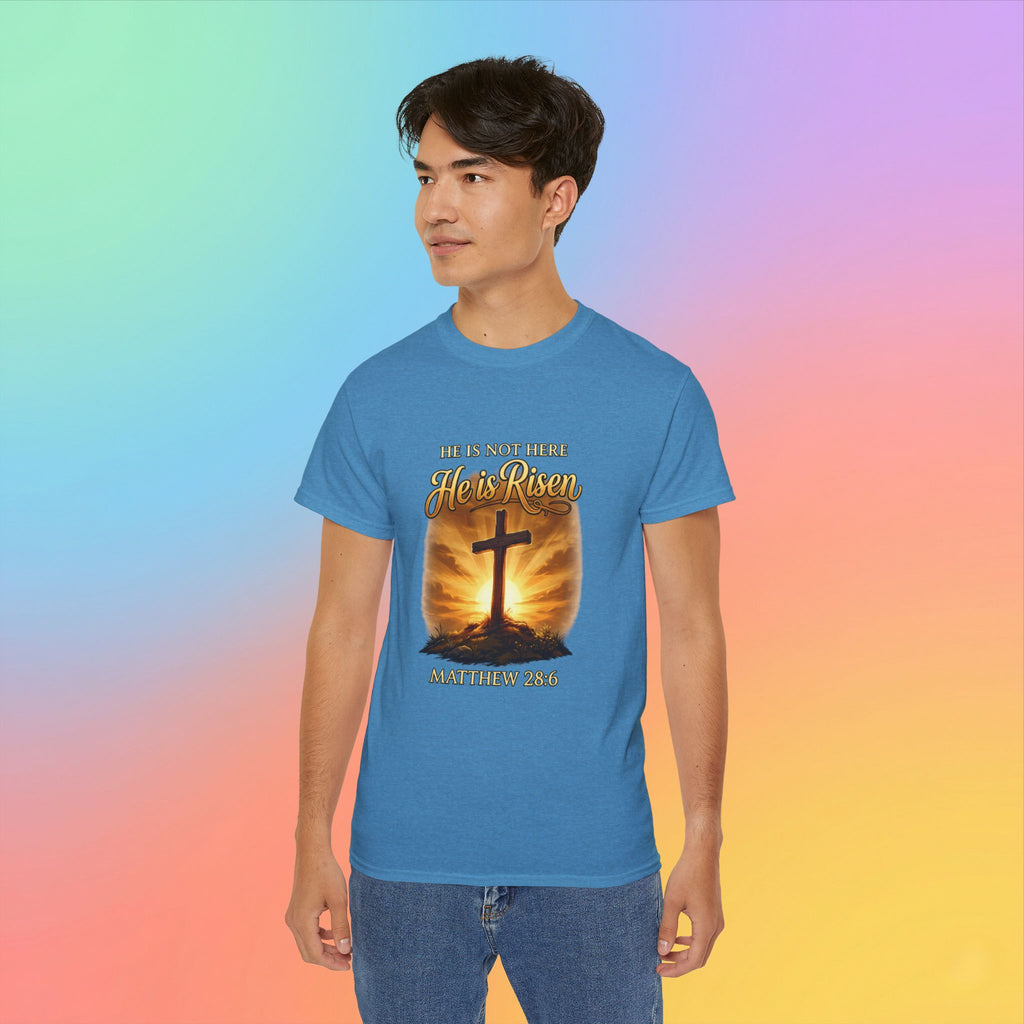 Christian Easter Shirt – He Is Risen Matthew 28:6 Cross Resurrection T-Shirt Faith-Based Easter Apparel