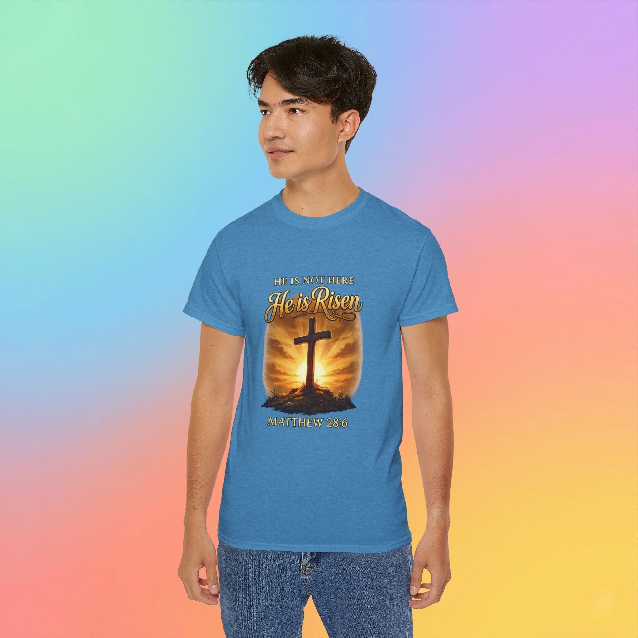Christian Easter Shirt – He Is Risen Matthew 28:6 Cross Resurrection T-Shirt Faith-Based Easter Apparel