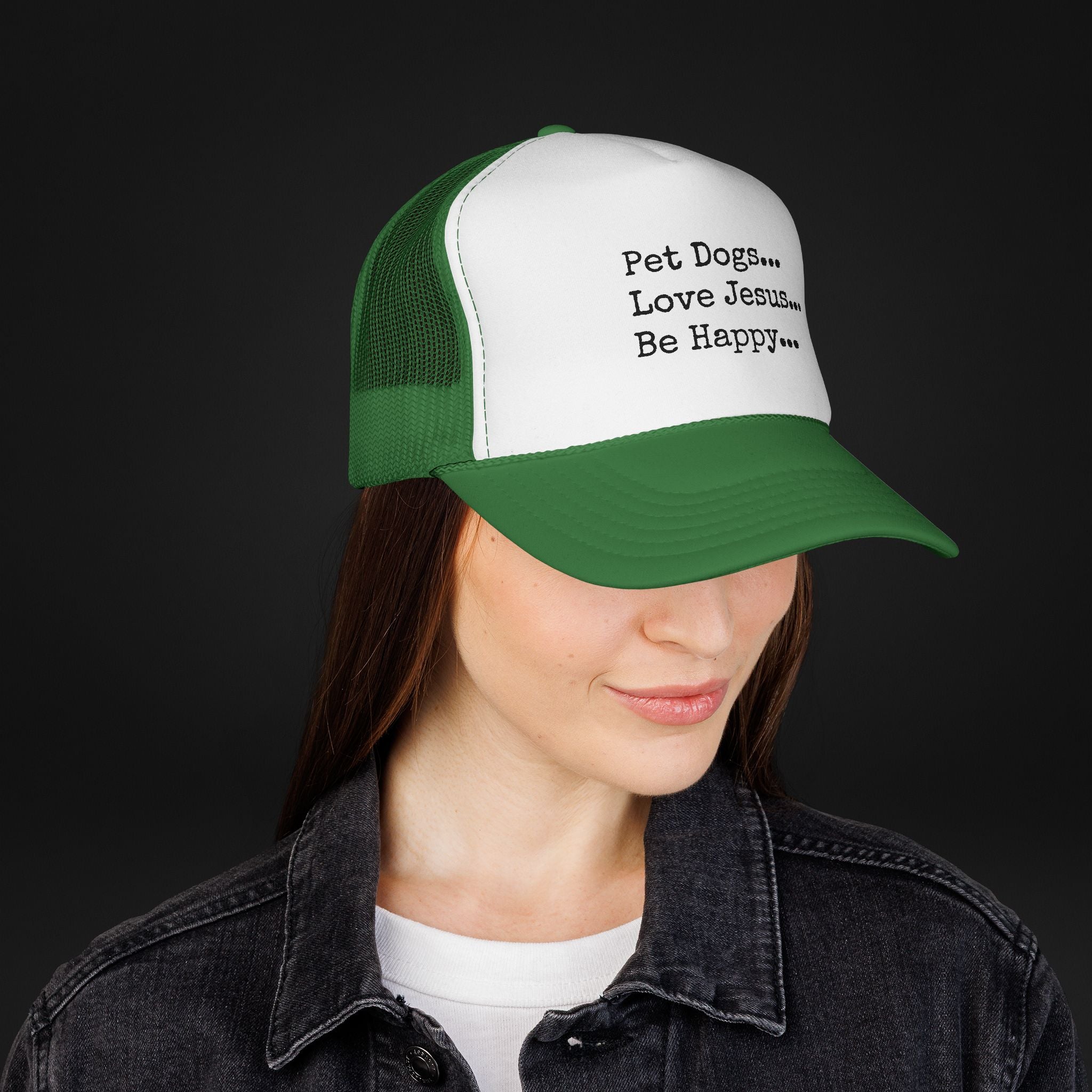 Pet Dogs Love Jesus Be Happy Trucker Hat – Christian Dog Lover Faith Hat