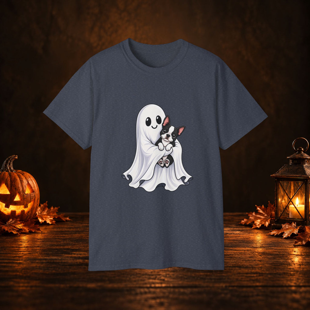 Cute Ghost & Boston Terrier Halloween T‑Shirt