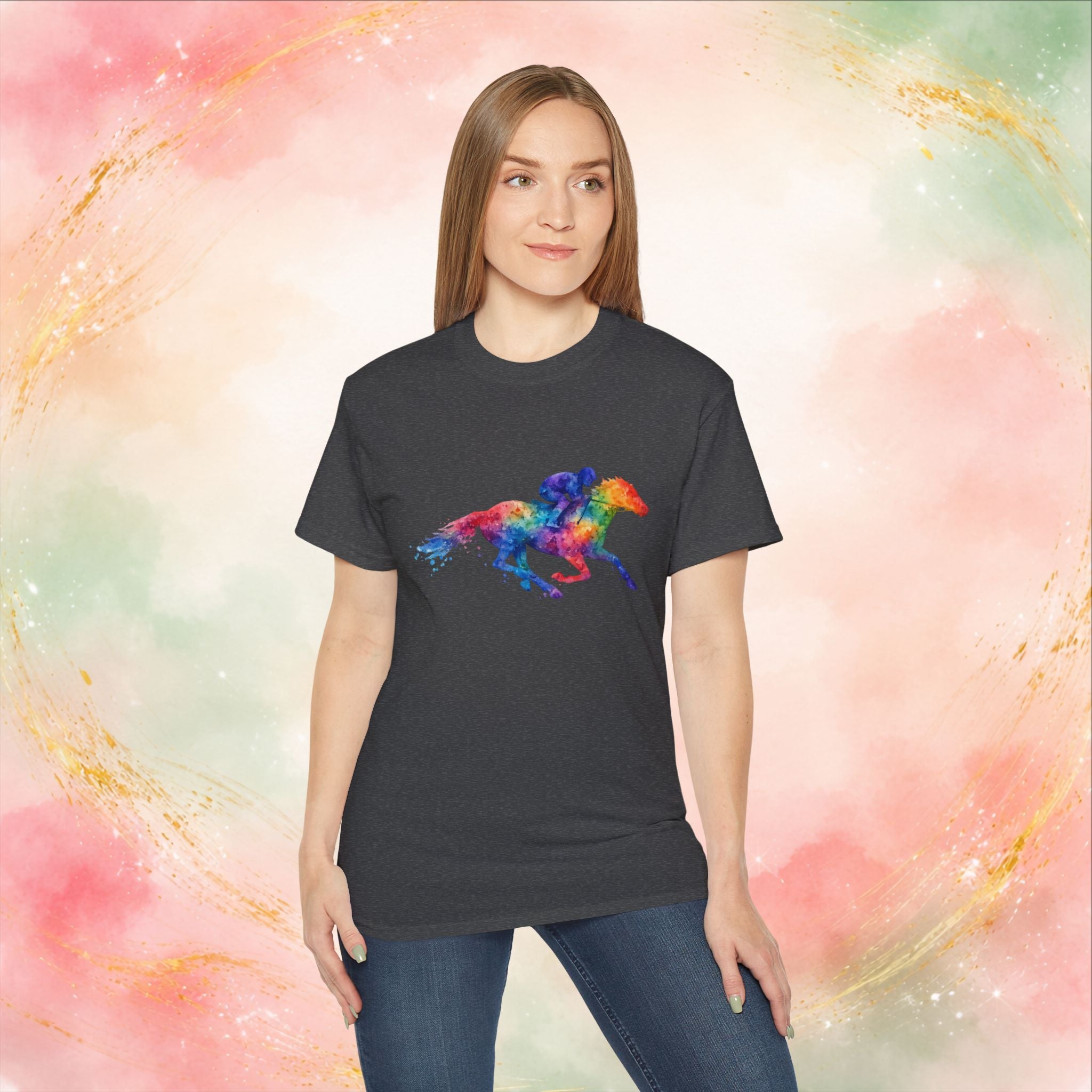 Kentucky Derby Watercolor Horse & Jockey T-Shirt | Colorful Race Day Graphic Tee