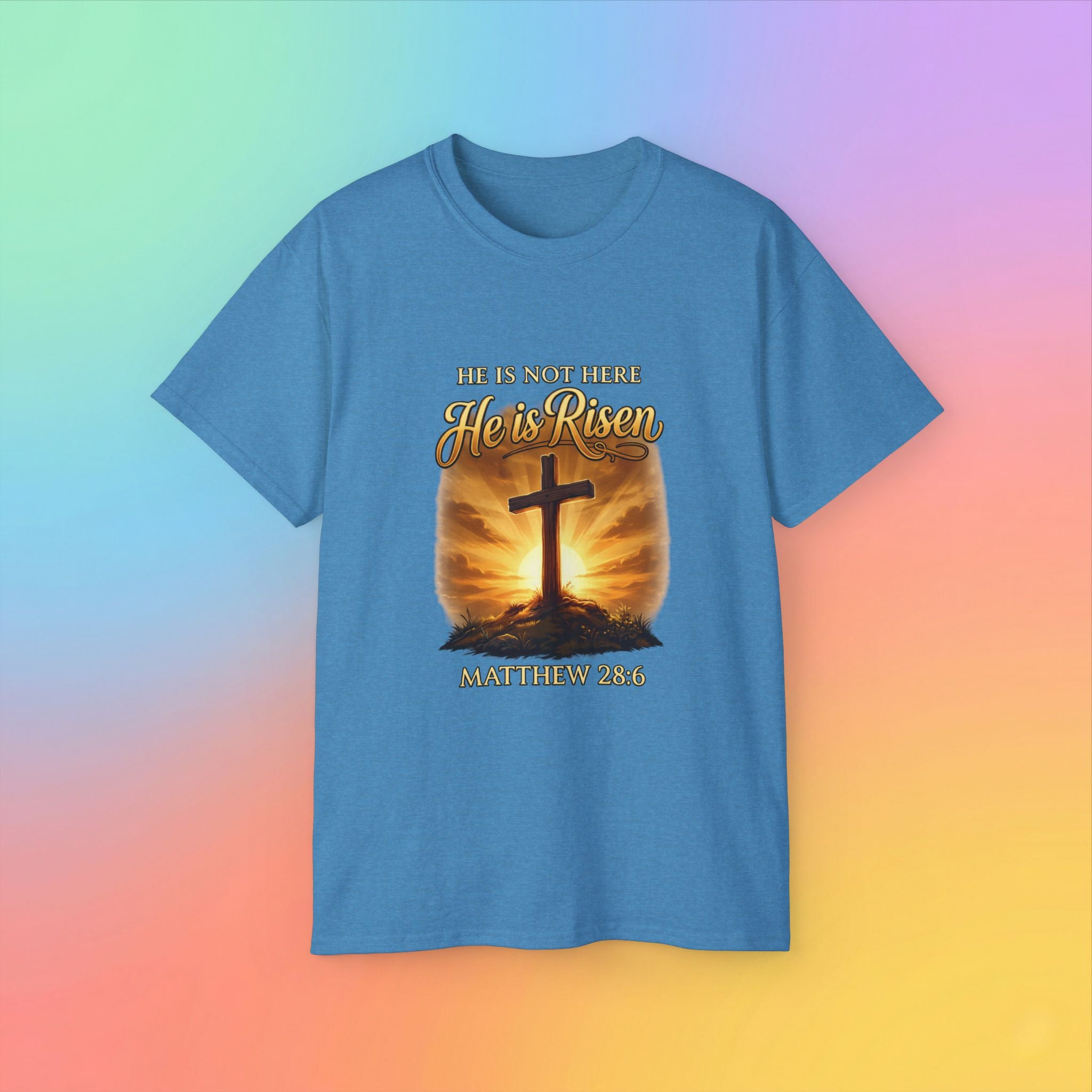 Christian Easter Shirt – He Is Risen Matthew 28:6 Cross Resurrection T-Shirt Faith-Based Easter Apparel